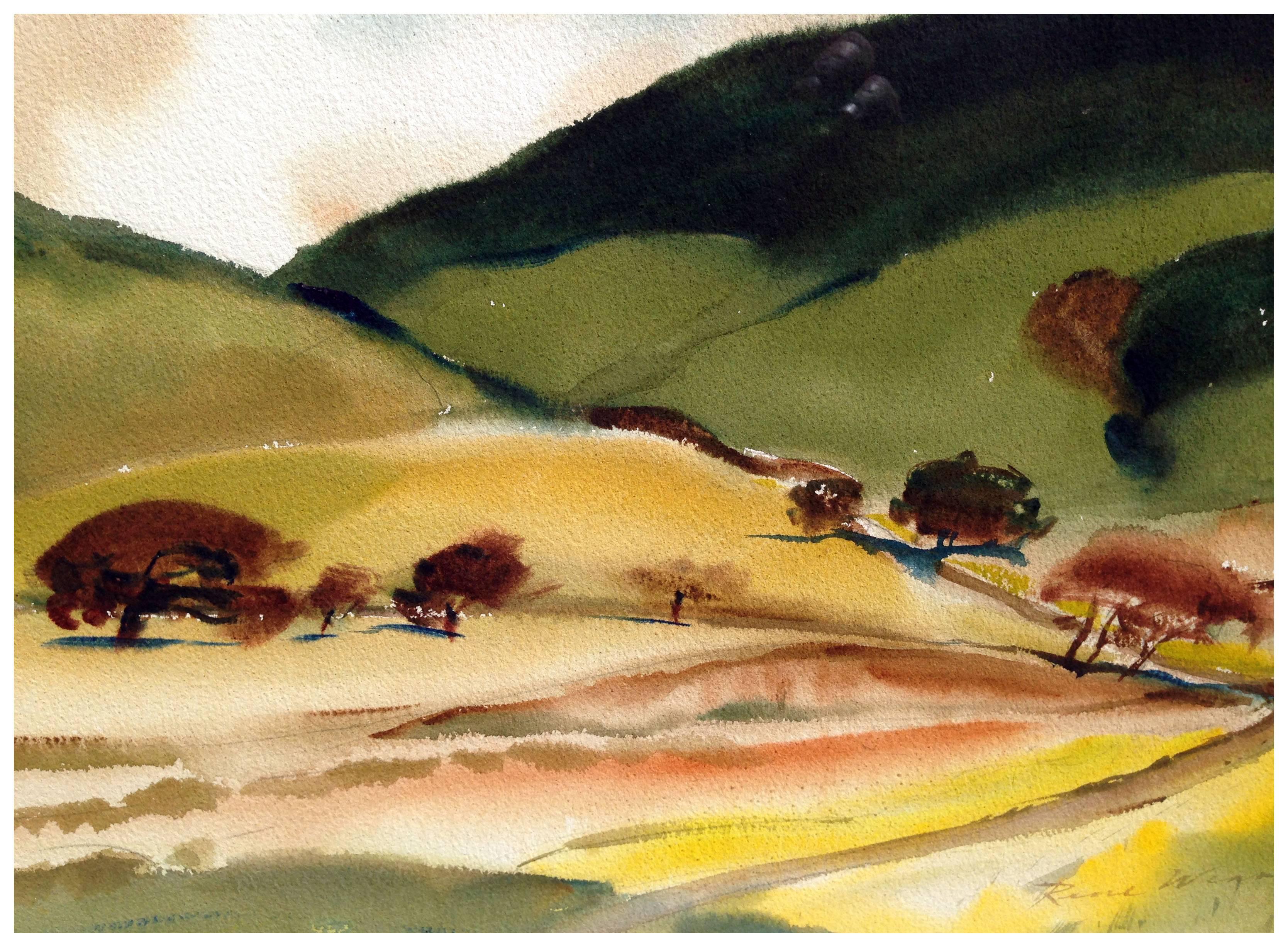 Mid Century Country Meadow and Hills Landscape - American Impressionist Art by Rene Weaver