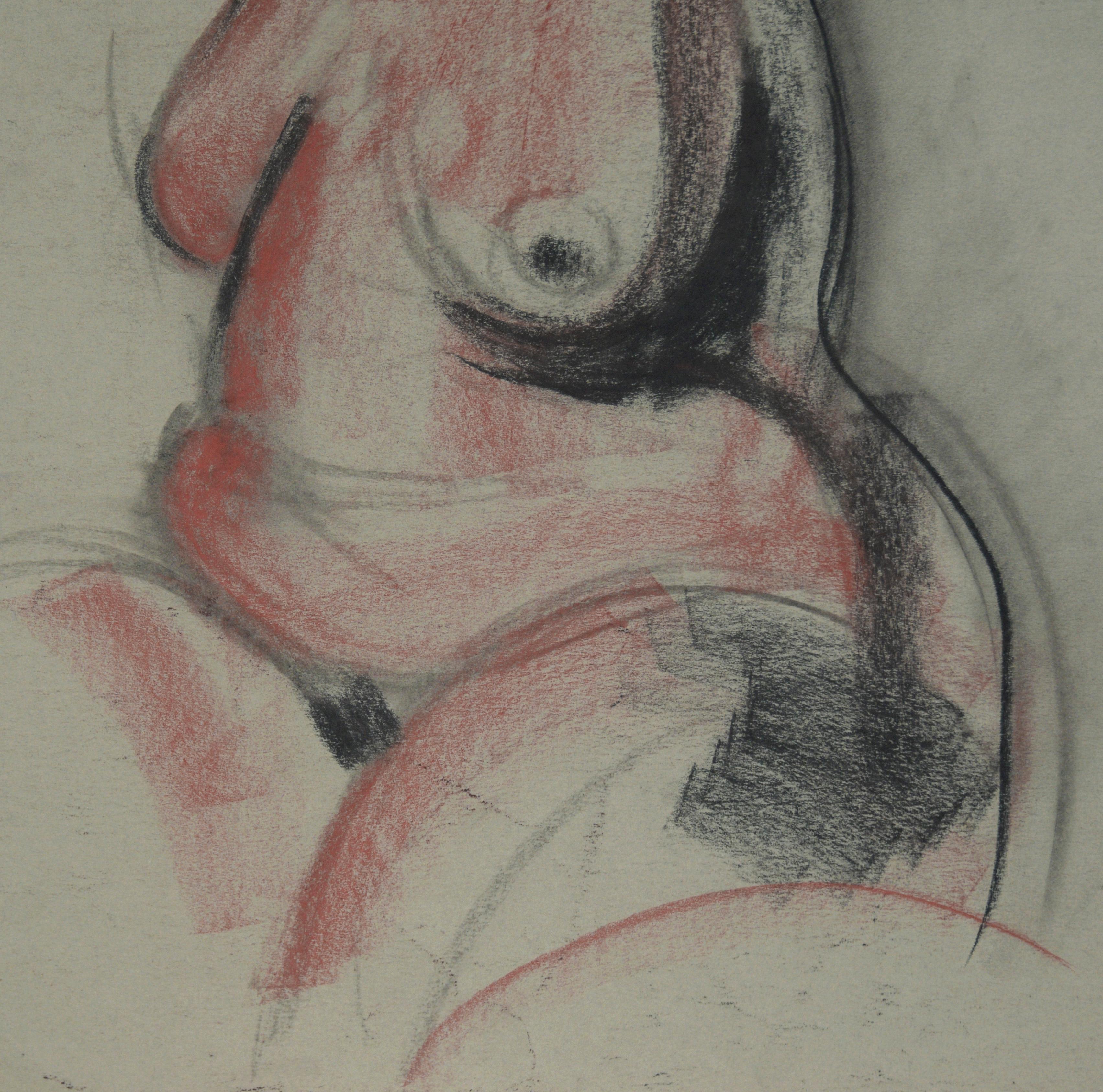 Seated Female Nude in Charcoal on Paper

Figurative piece with a nude woman by Santa Cruz and San Francisco artist Heather Speck (American, b. 1978). The model is seated, with her head turned away from the viewer, hair hanging down and obscuring her