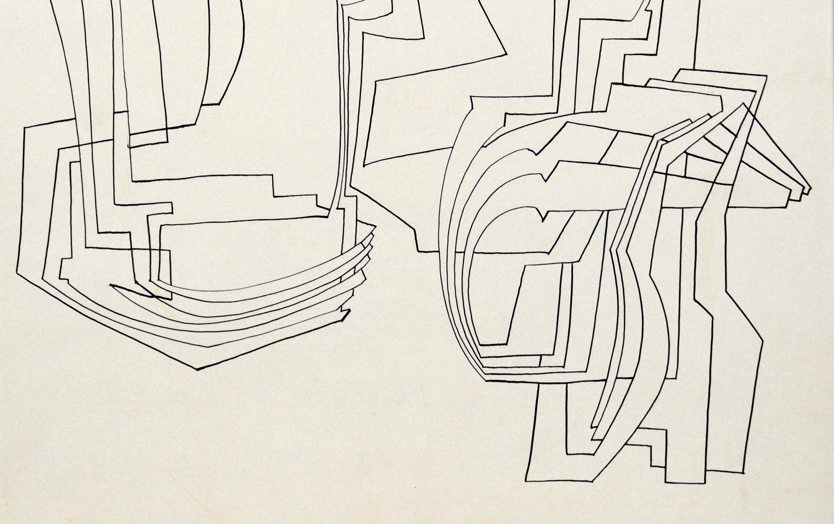 Art linéaire abstrait et géométrique à l'encre sur papier de Geraldine Heib

Dans cette ligne abstraite de Jerry O'Day (Américain, 1912), les lignes se croisent et se superposent de manière droite et arrondie, ce qui donne une impression de