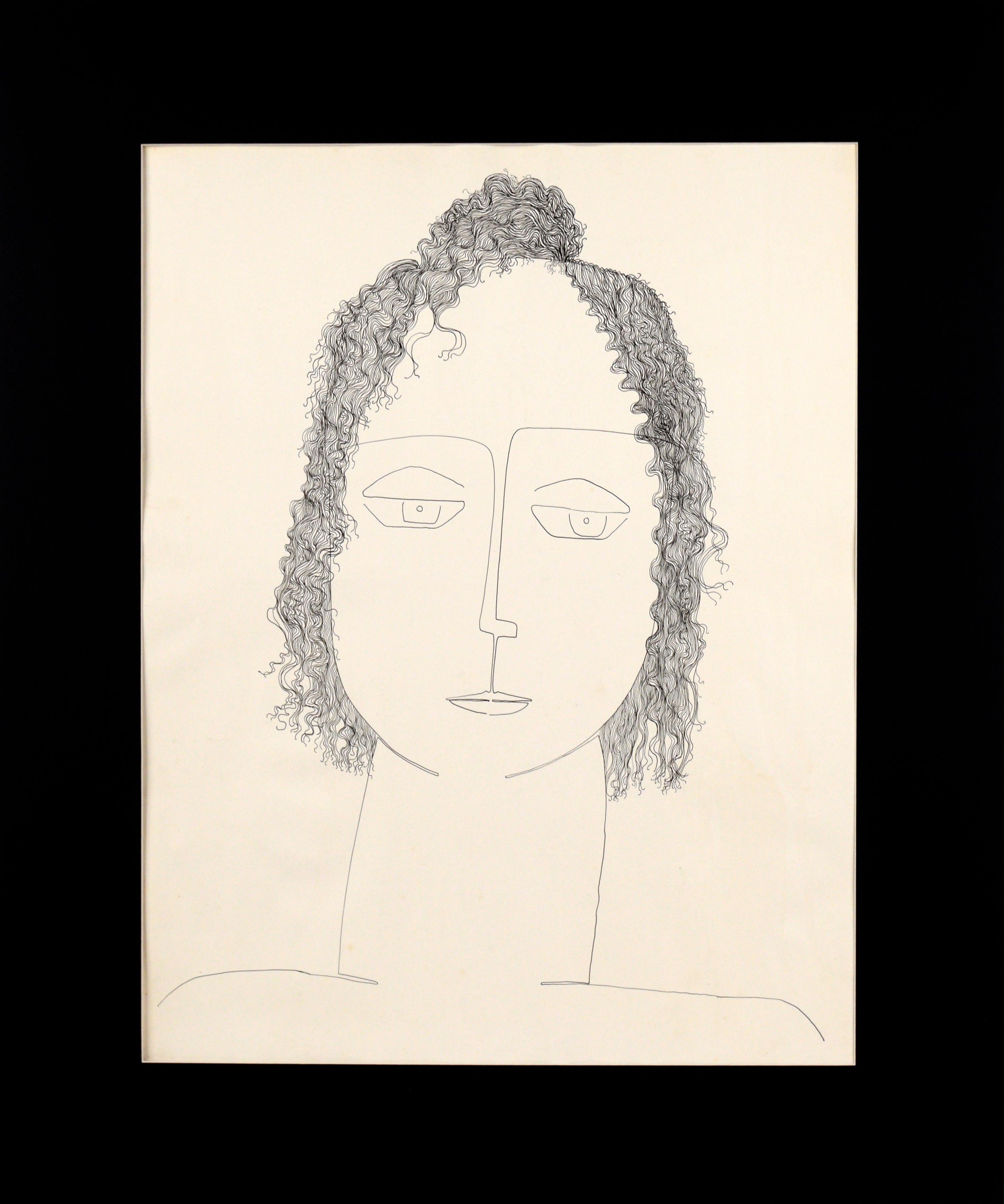 Minimalistisches illustriertes Porträt „Spa Hair“ in Tinte auf Papier von Geraldine Heib