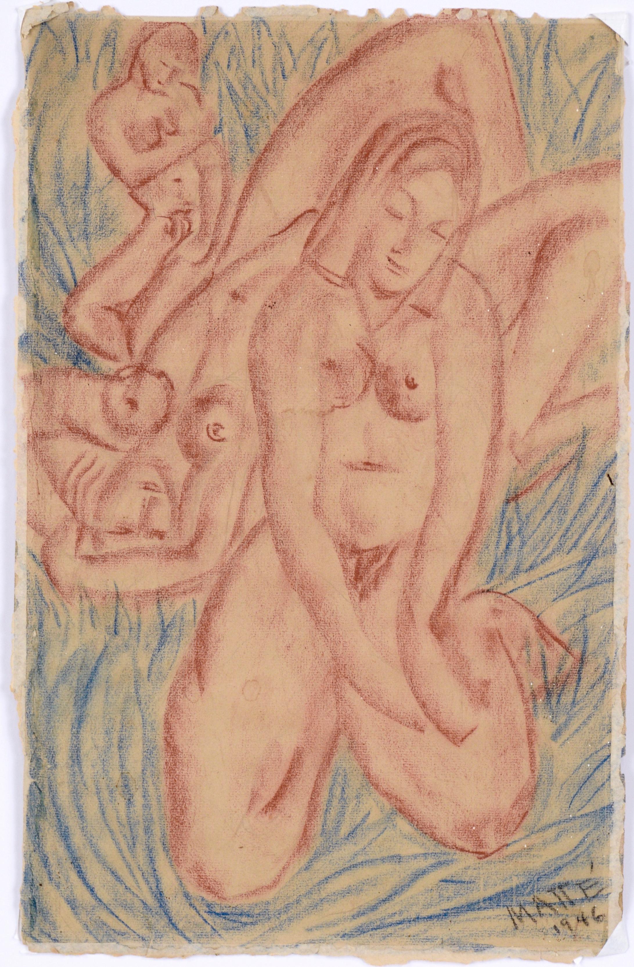Vintage 3 Figurative Nudes in Conté Crayon on Paper (1946) by Matté‎  For Sale 6