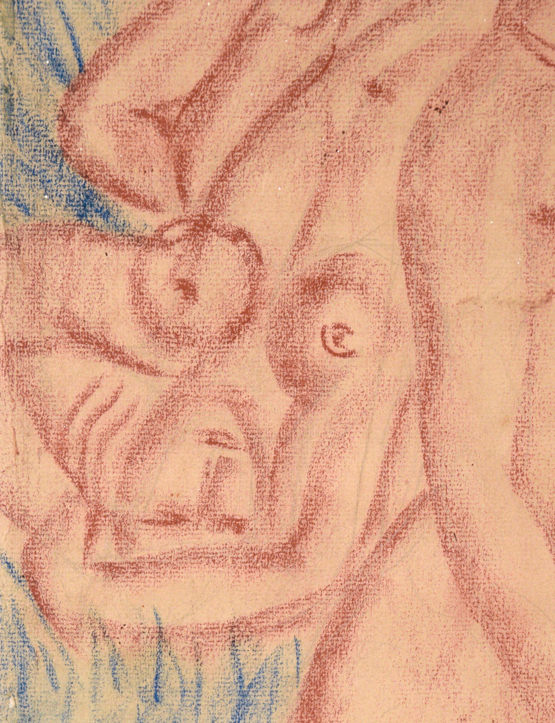 Vintage 3 Figürliche Akte in Conté-Kreide auf Papier (1946) Matté 

In einer Farbpalette aus Indigoblau und verbranntem Orange des französischen Künstlers Matté  (Französisch, 20. Jh.), dieses Kunstwerk vermittelt ein tropisches Vintage-Gefühl mit