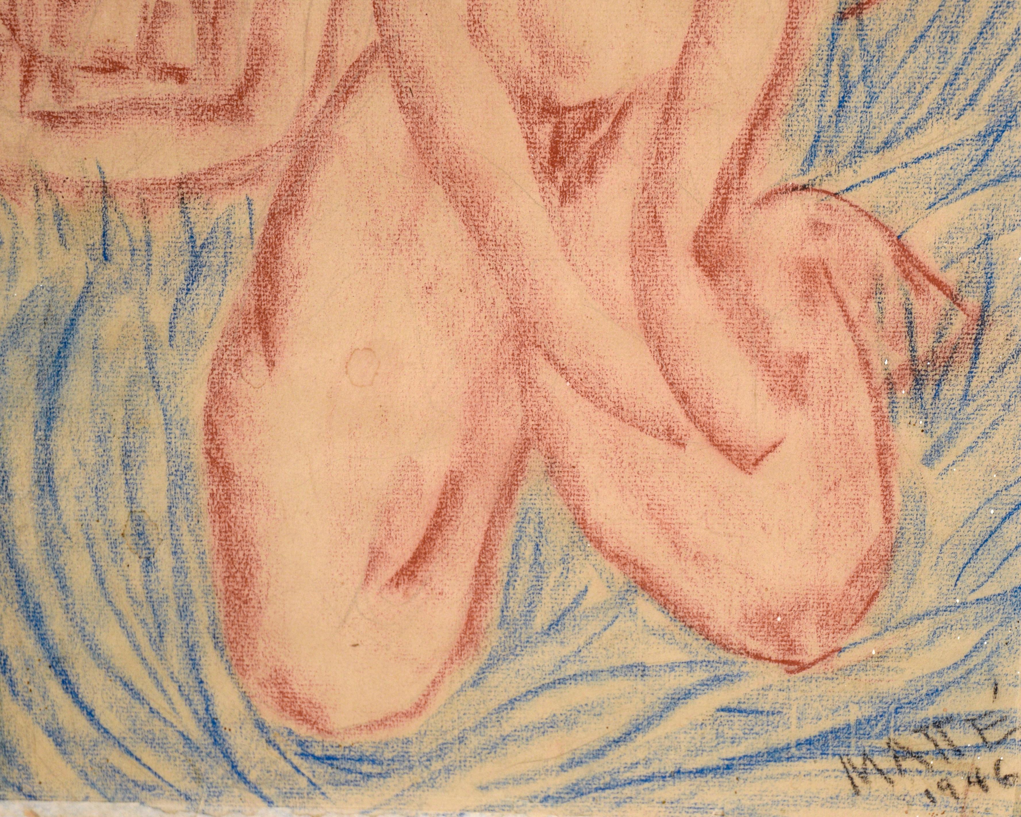 Vintage 3 Figurative Nudes in Conté Crayon on Paper (1946) by Matté‎  For Sale 4