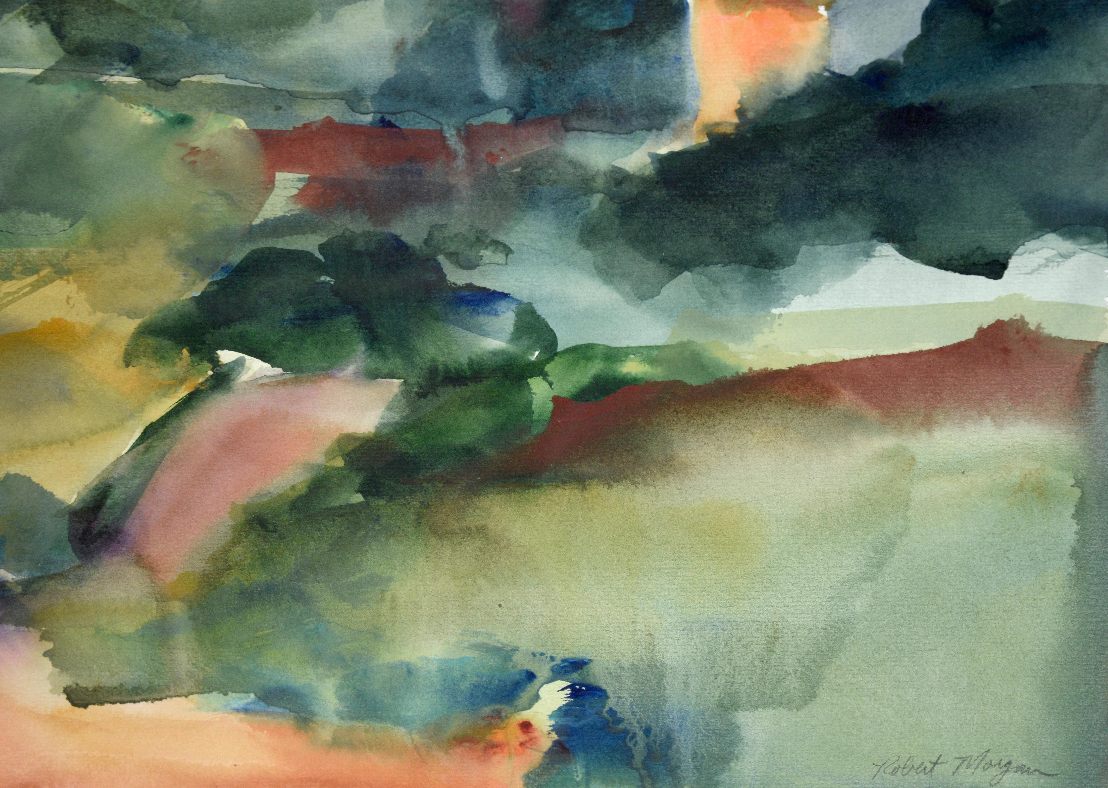 „Cape Cod Sonnenuntergang“ – Aquarell auf Papier
Farbenfrohes Sonnenuntergangsgemälde des Künstlers Robert Morgan aus San Francisco und Provincetown (Amerikaner, 20. Jahrhundert). Auf diesem impressionistischen Aquarell steht ein Haus auf einem