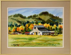 Retro Autumnal Country Barn in Watercolor Landscape on Paper
