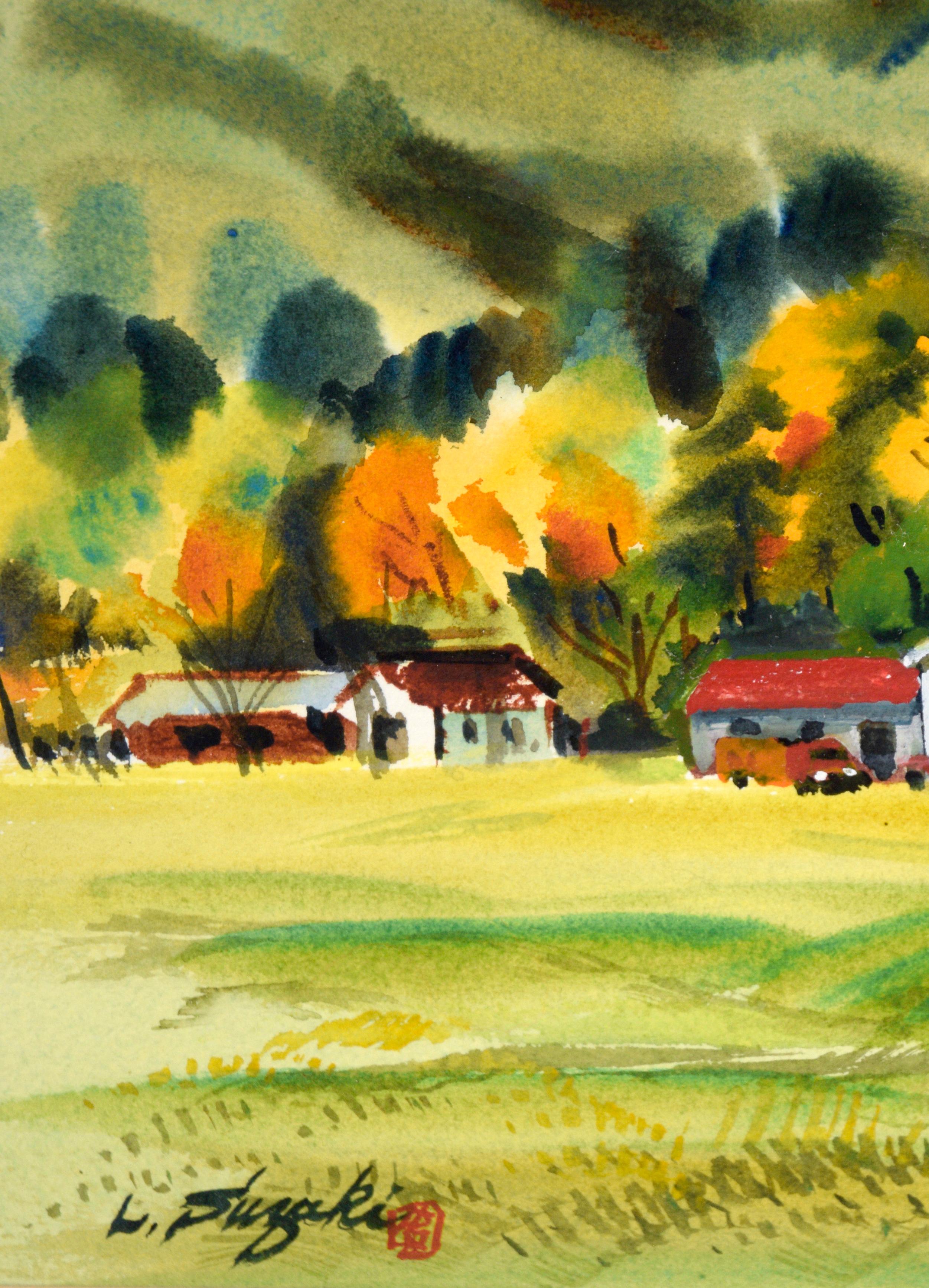 Barn Country Barn d'automne à l'aquarelle - Paysage sur papier - Impressionnisme américain Art par Lewis Suzuki