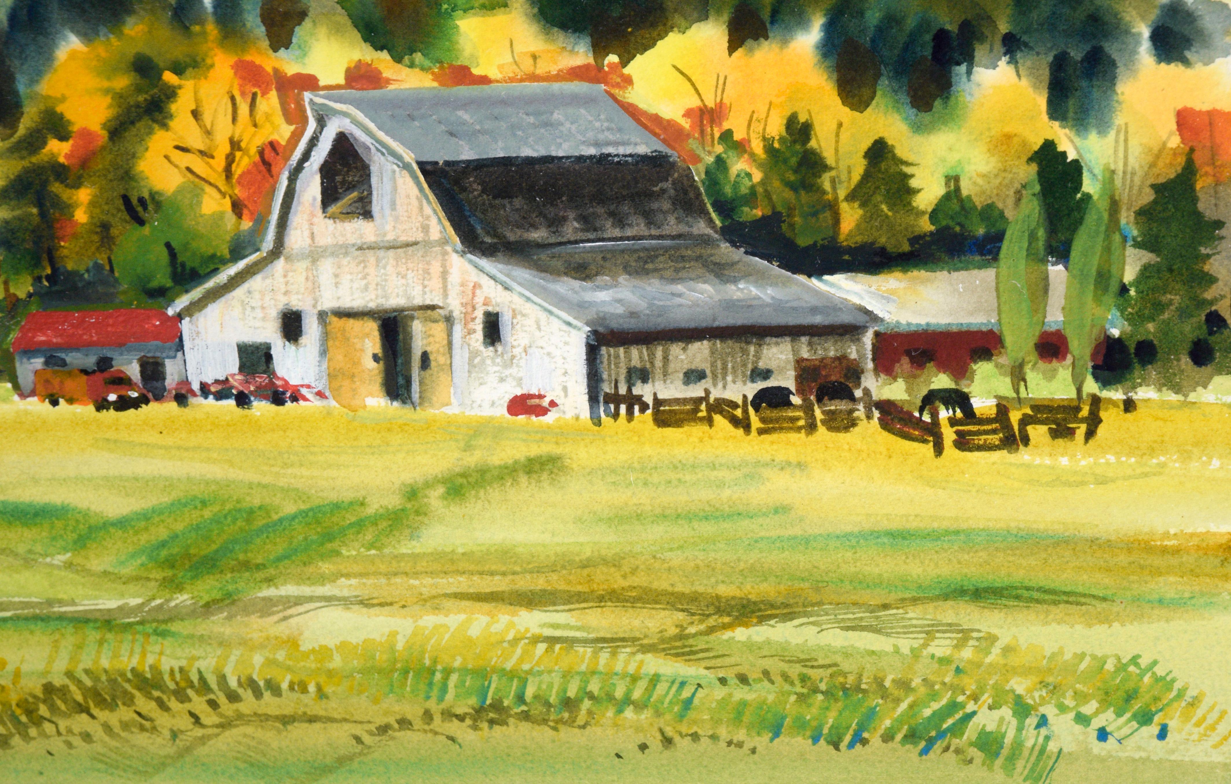 Autumnal Country Barn in Watercolor Landscape on Paper For Sale 1