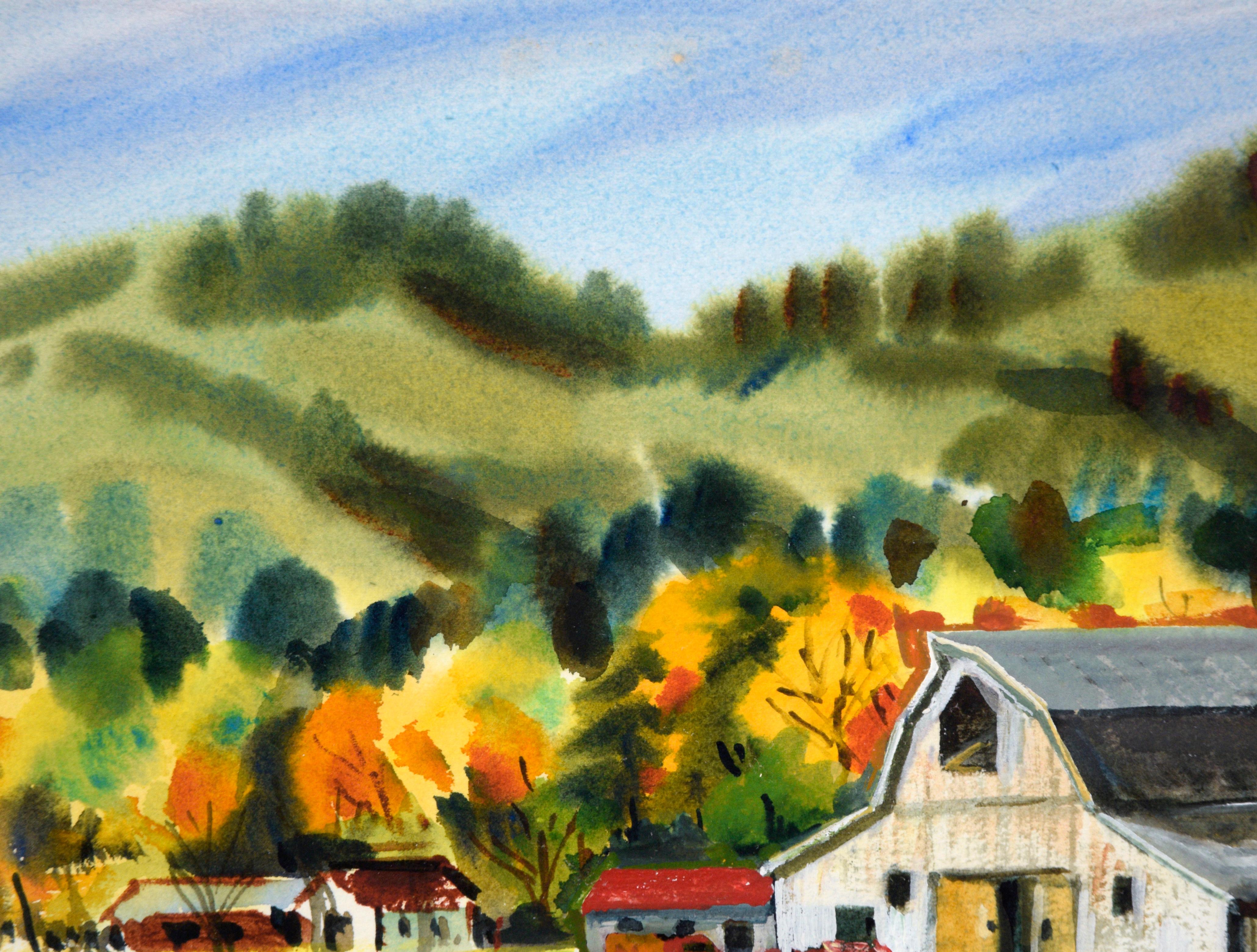 Barn Country Barn d'automne à l'aquarelle - Paysage sur papier - Art de Lewis Suzuki