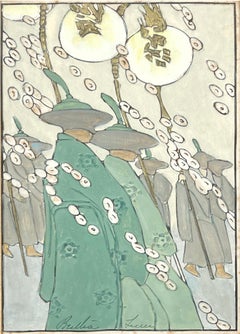 Wedding Procession - Raised Line Woodcut Hand Painted 1924 Betha Lum