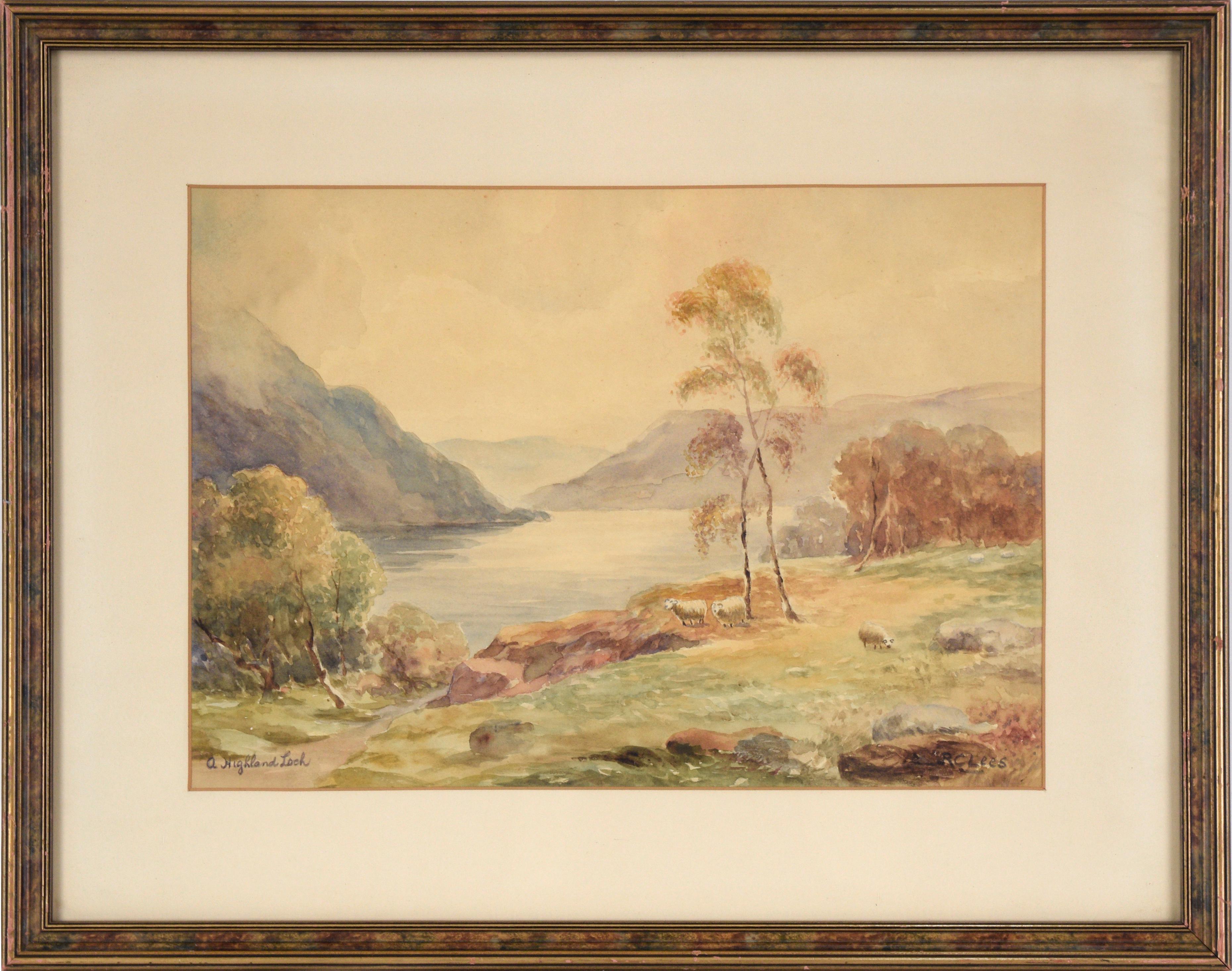 R C Lees Landscape Art - "A Highland Loch" Lake Watercolor Landscape on Paper