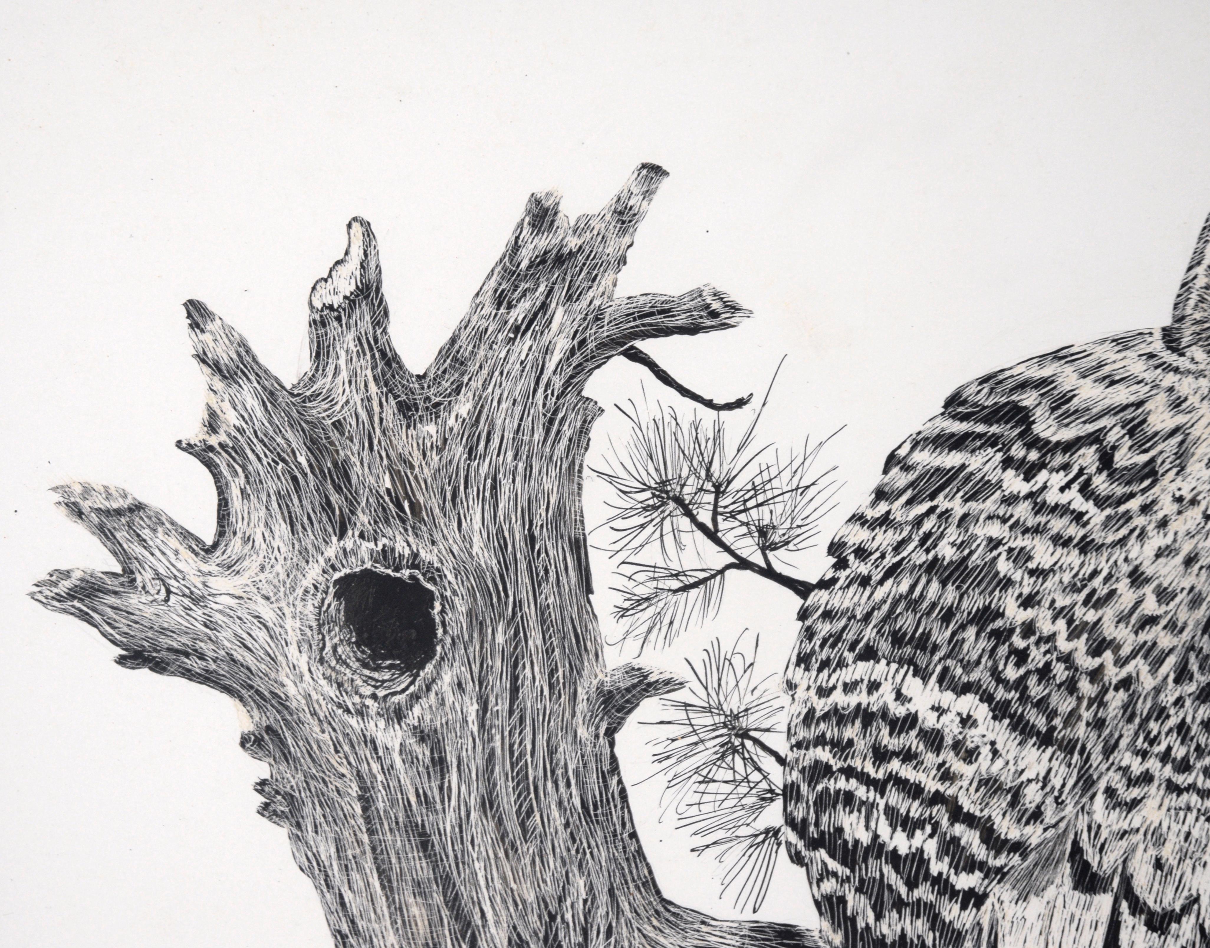 Great Horned Owl Sitting on a Branch - Illustration in Ink on Cardstock - Contemporary Art by M. Kochmaruk