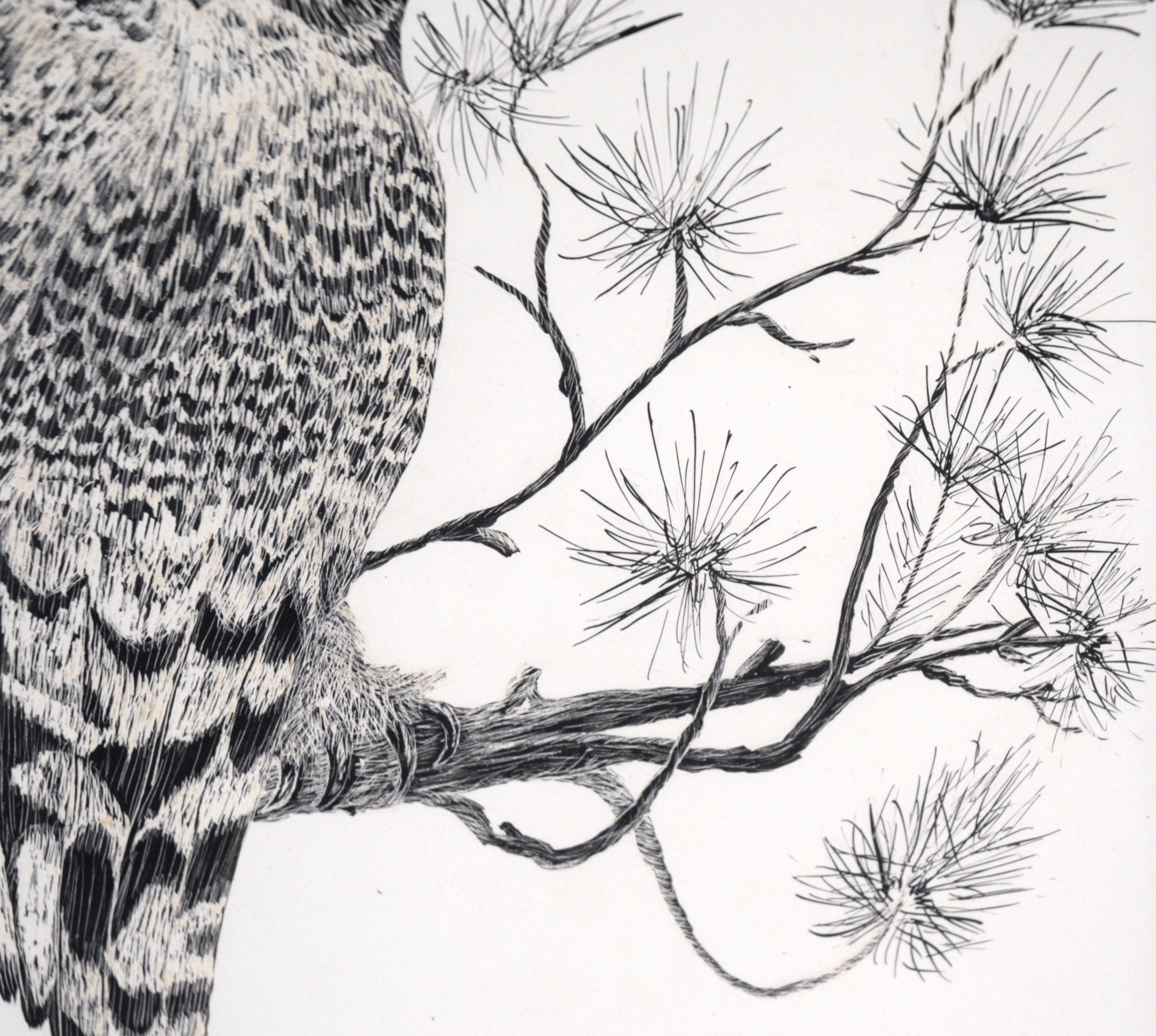 Great Horned Owl Sitting on a Branch - Illustration in Ink on Cardstock For Sale 1