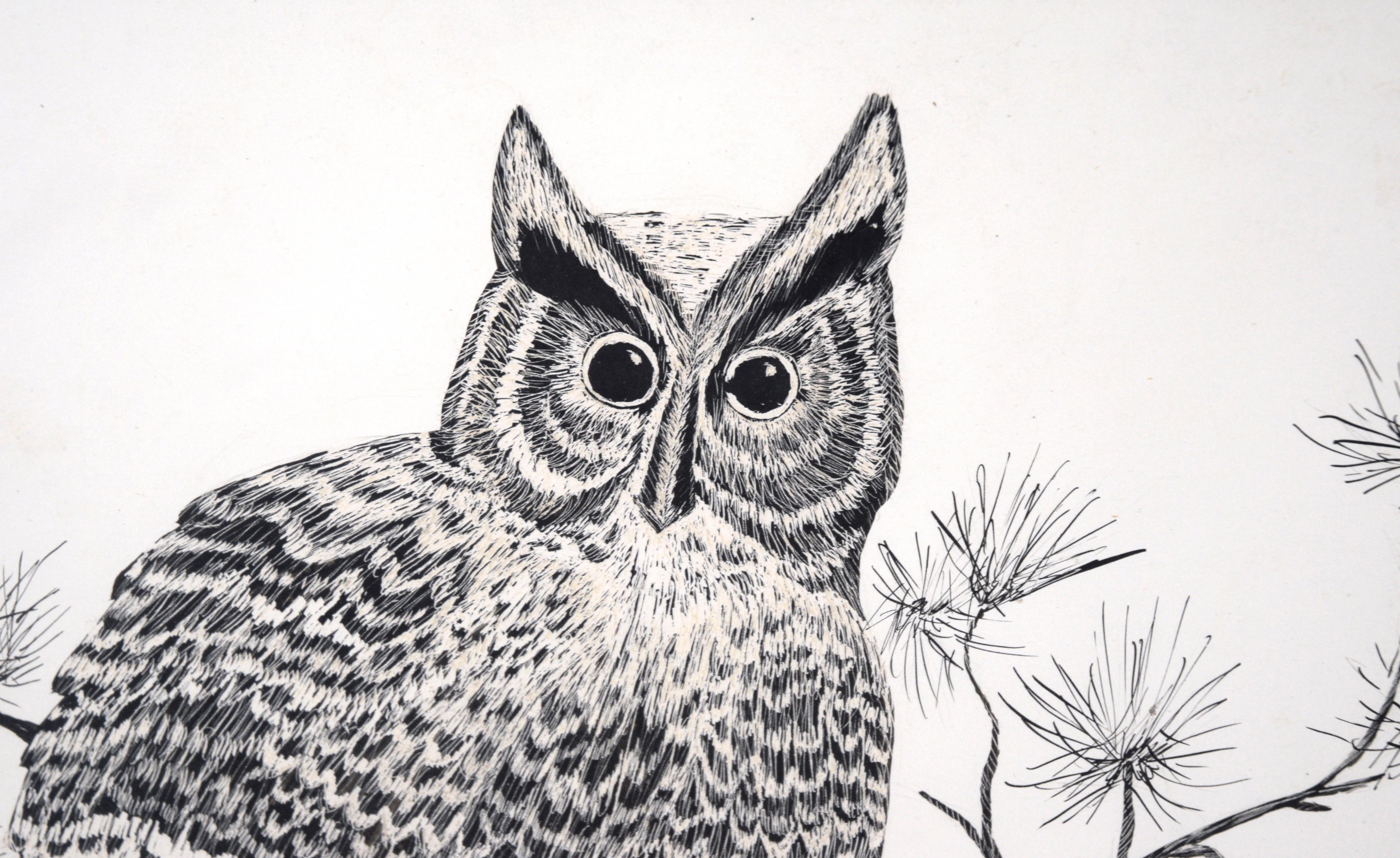 Great Horned Owl Sitting on a Branch - Illustration in Ink on Cardstock

Detailed illustration of an owl by M. Kochmaruk (20th Century). The piece is wonderfully detailed, with careful attention paid to the texture of feathers and bark. The artist