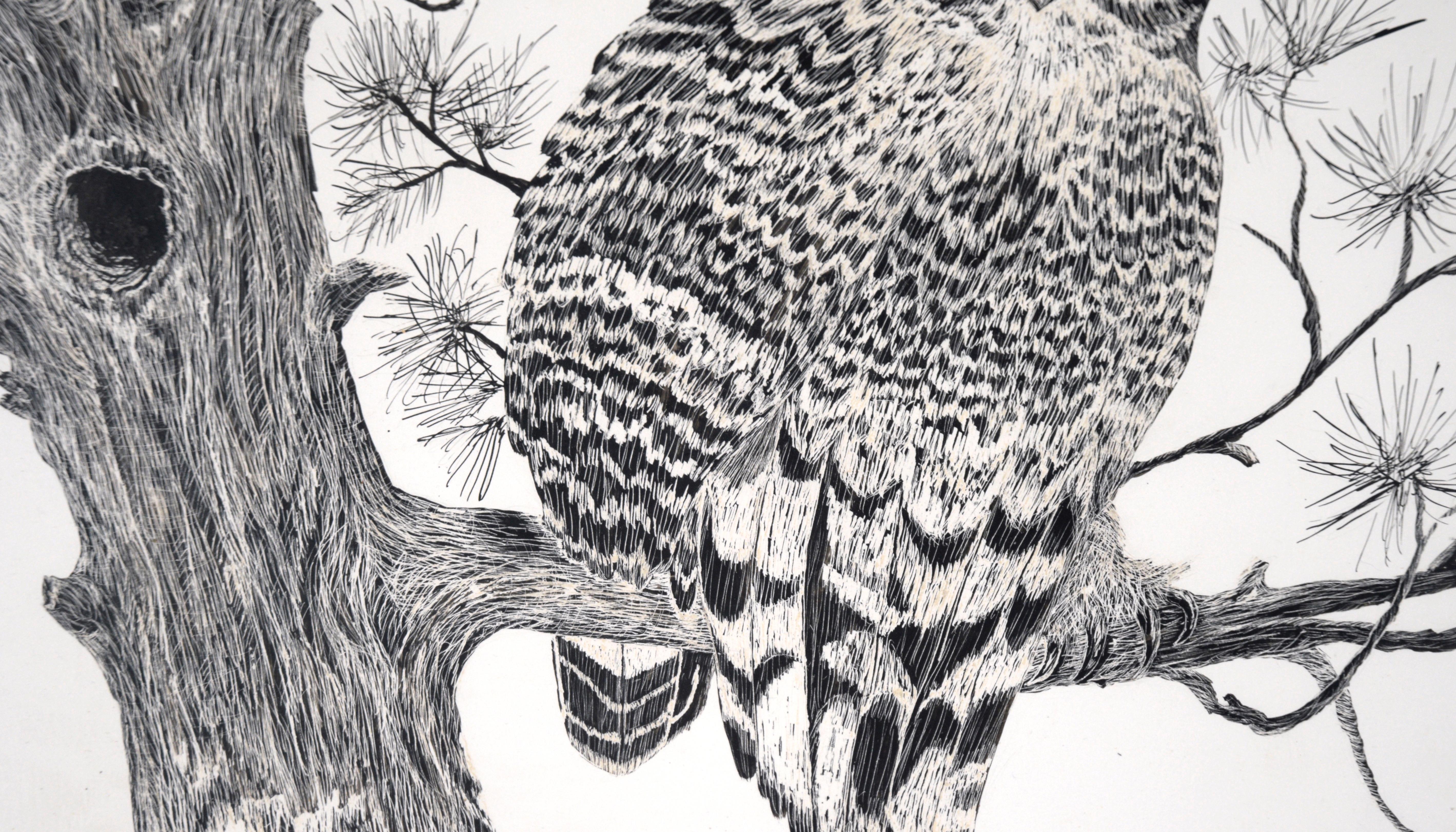Great Horned Owl Sitting on a Branch - Illustration in Ink on Cardstock For Sale 2
