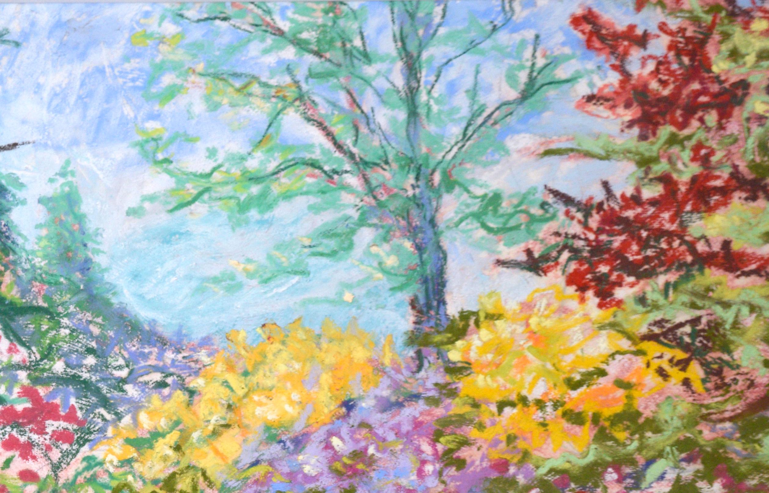 Over the Pastel Garden Wall - New England - Original Oil Pastel on Paper
Bright New England watercolor by New Hampshire artist Eileen Belanger (American, 20th C.)
A brightly colored garden in pastels fills a cornflower blue sky with a pond reflected