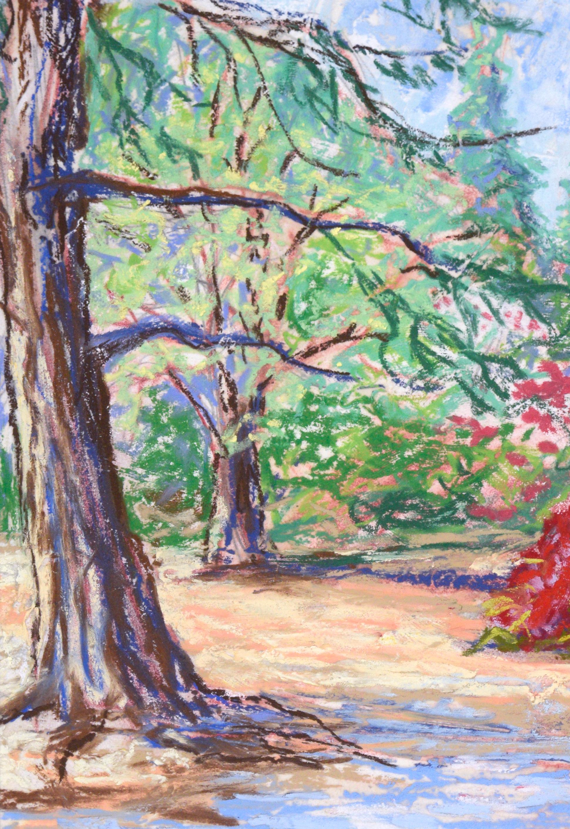 Over the Pastel Garden Wall - New England - Original Oil Pastel on Paper 1998 - Impressionist Art by Eileen Belanger