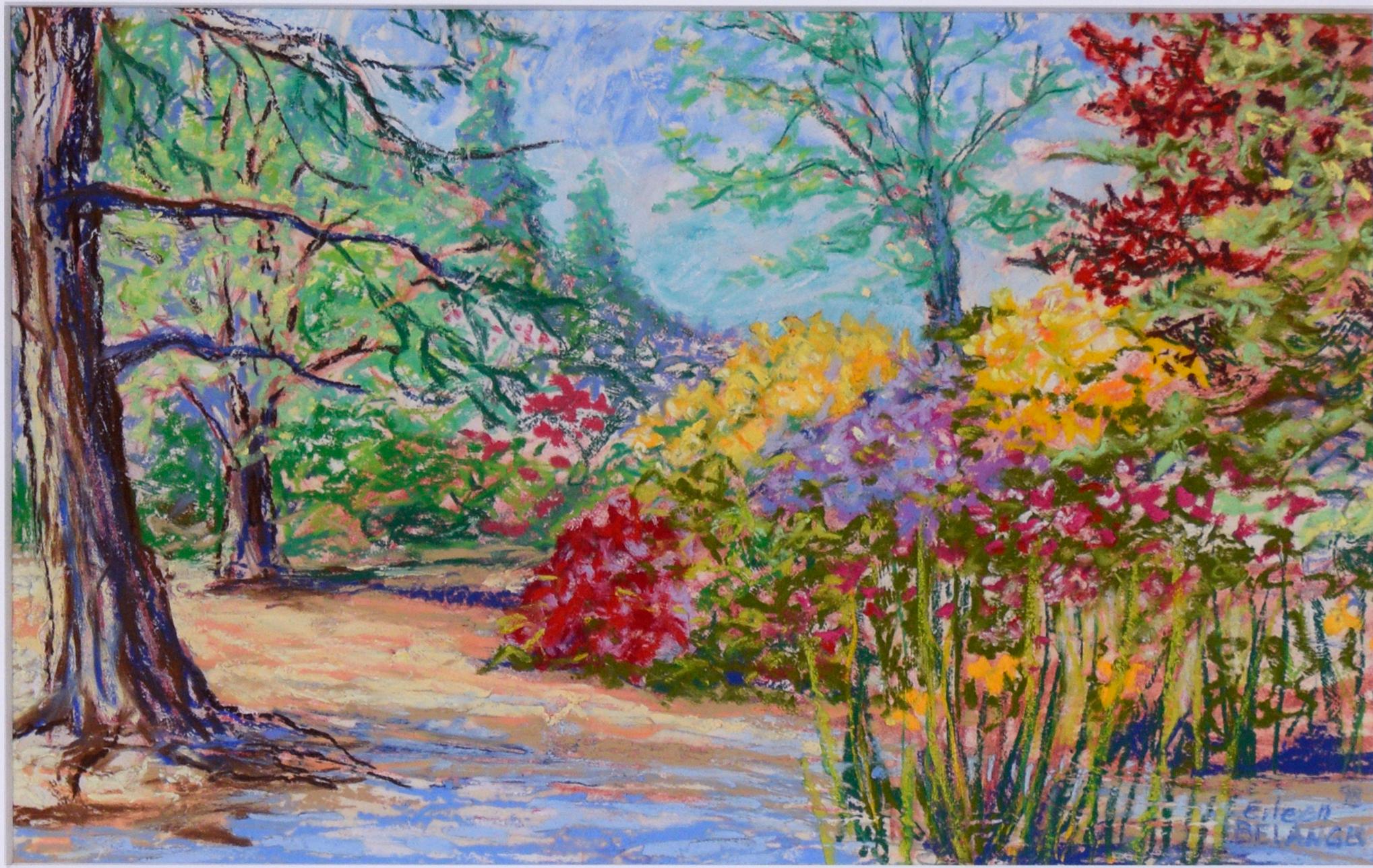 Over the Pastel Garden Wall - New England - Original Oil Pastel on Paper 1998 - Art by Eileen Belanger