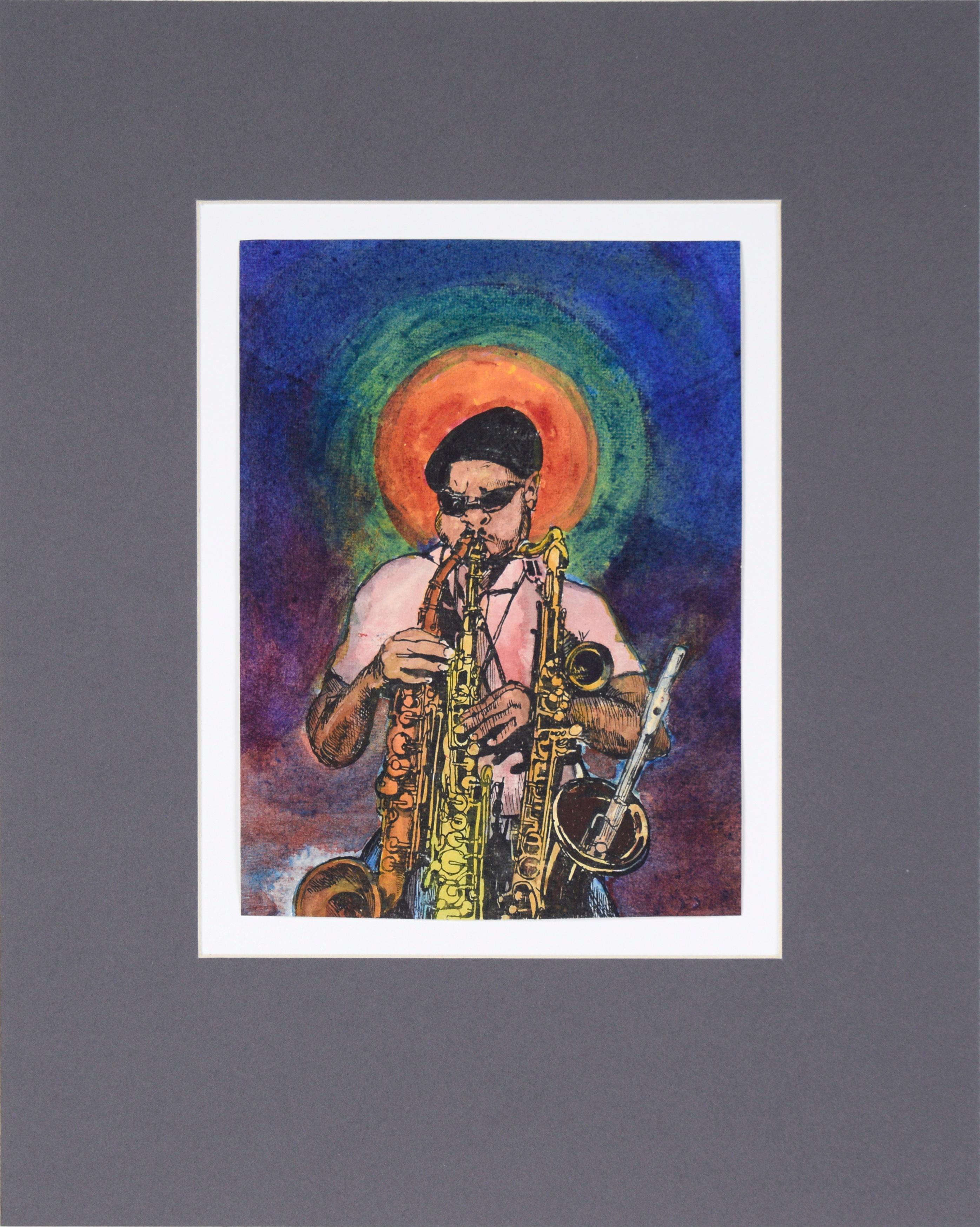 « Row Kirk » - Encre figurative et aquarelle d'un musicien de jazz sur papier
