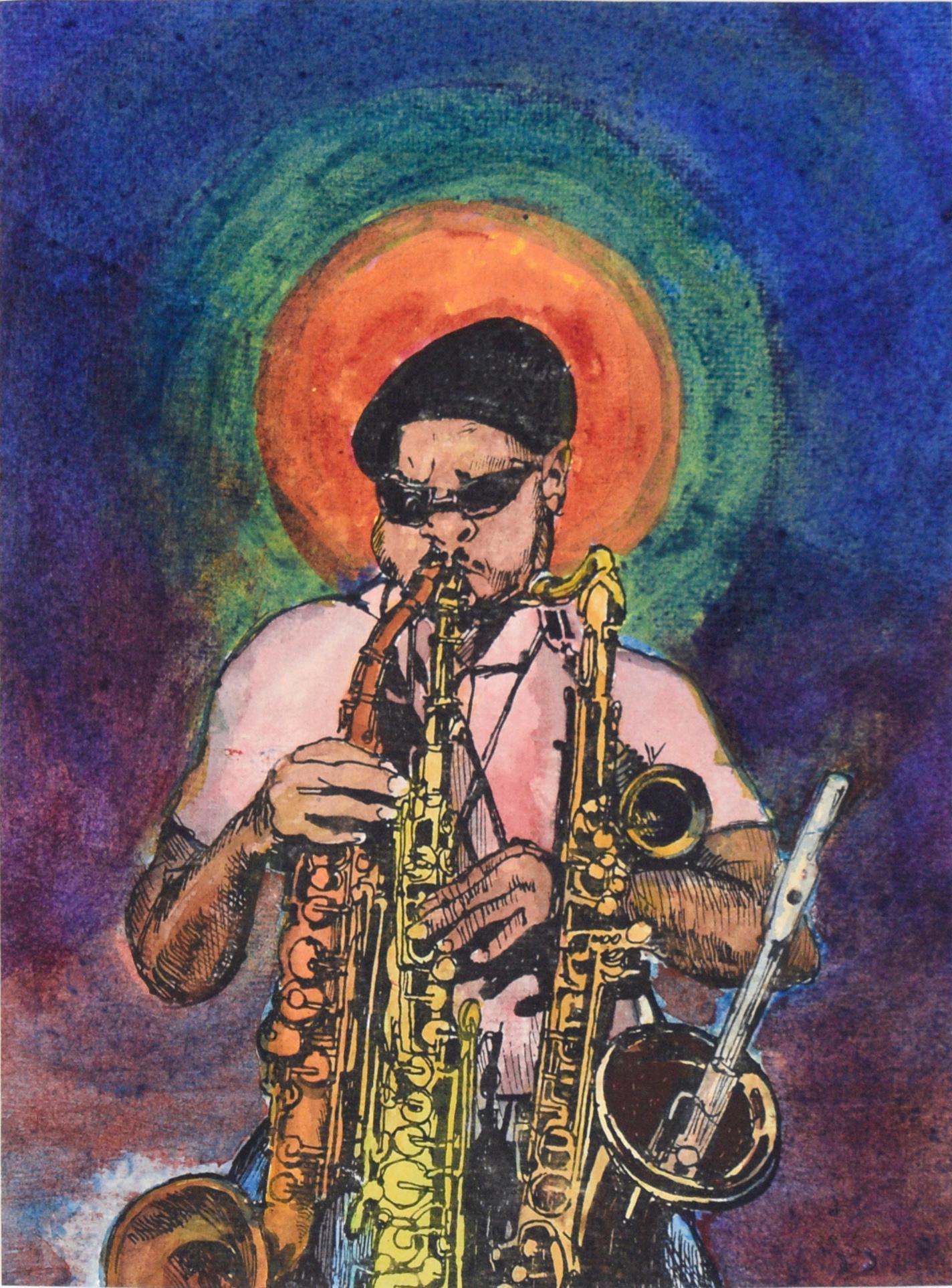 « Row Kirk » - Encre figurative et aquarelle d'un musicien de jazz sur papier - Art de Brian Rounds