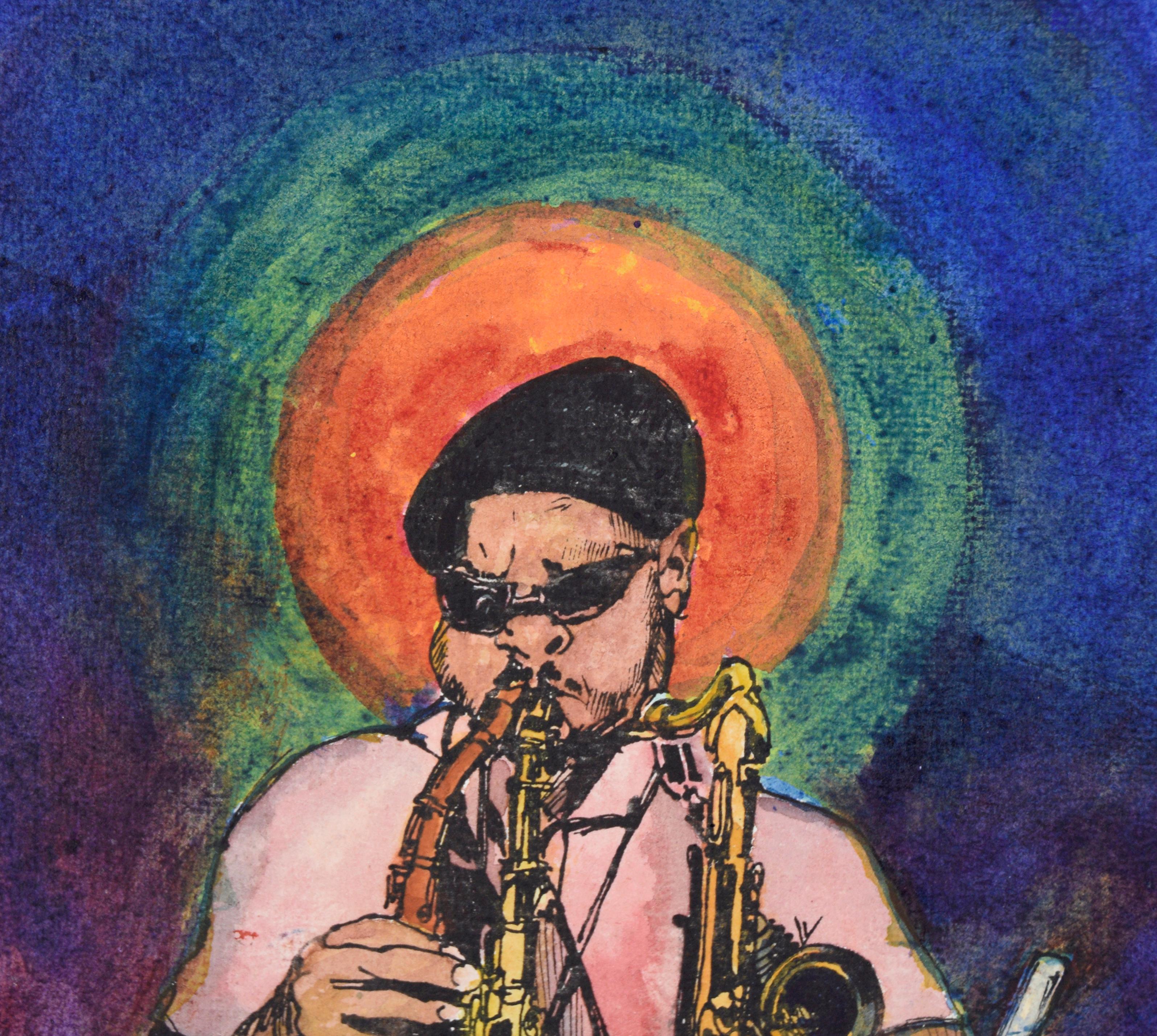 „Roland Kirk“ – Figurative Tinte und Aquarell eines Jazzmusikers auf Papier (Zeitgenössisch), Art, von Brian Rounds