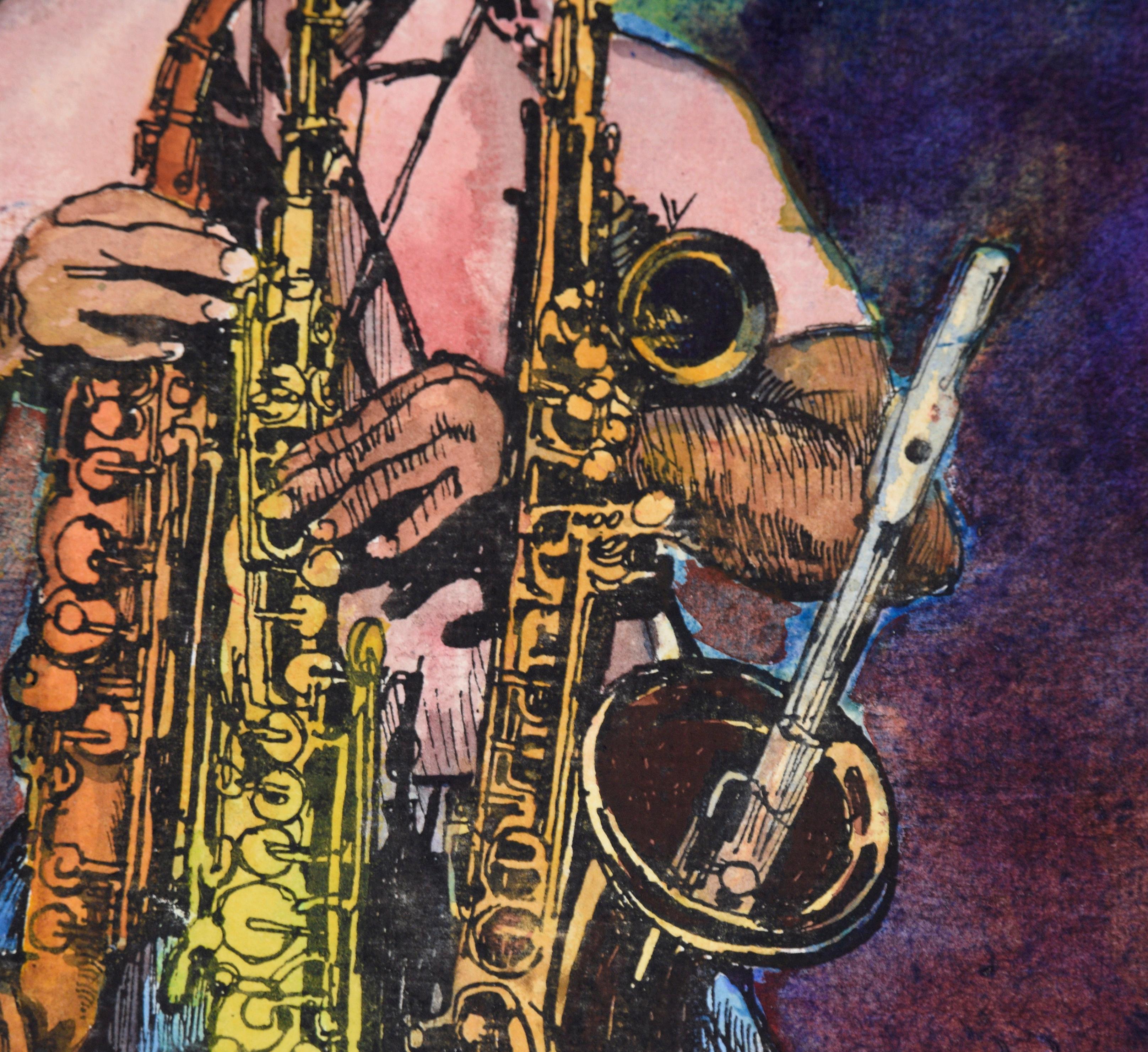 „Roland Kirk“ – Figurative Tinte und Aquarell eines Jazzmusikers auf Papier im Angebot 1