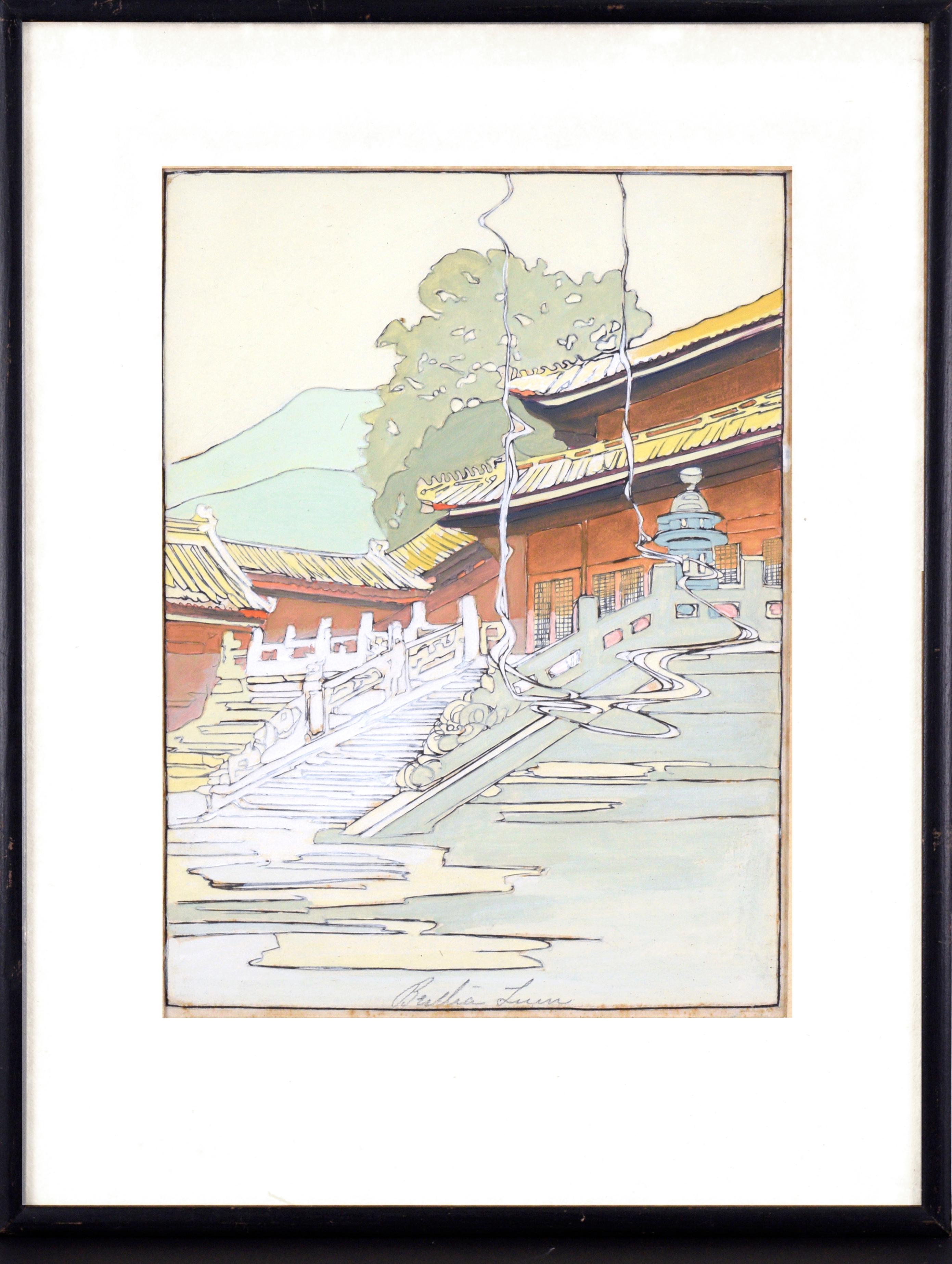 Tan Shi Sou, White Snake Temple Raised Line Woodcut Hand Painted 1924 Bertha Lum