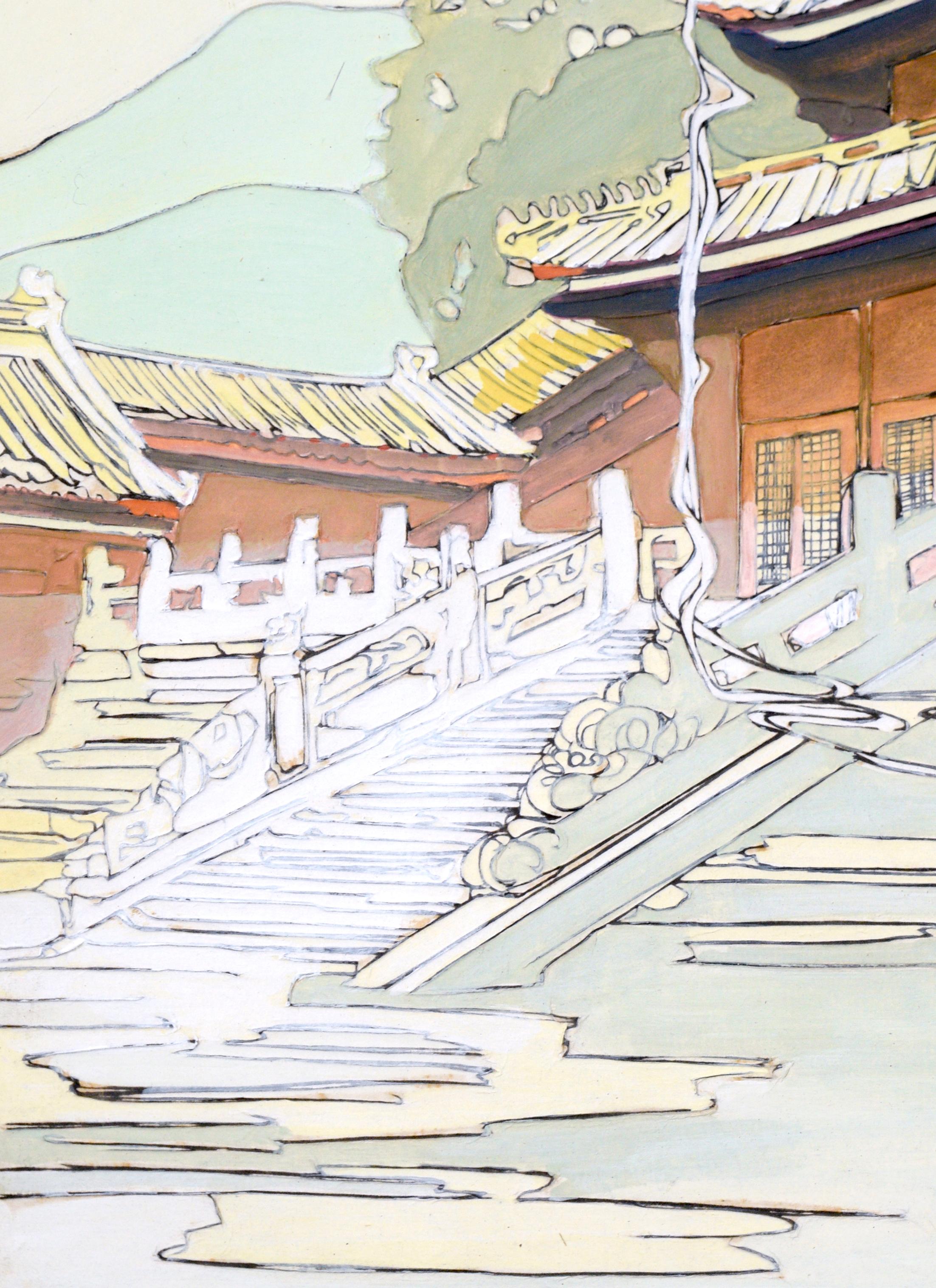 Tan Shi Sou, White Snake Temple Raised Line Woodcut Hand Painted 1924 Bertha Lum - American Impressionist Painting by Bertha Boynton Lum