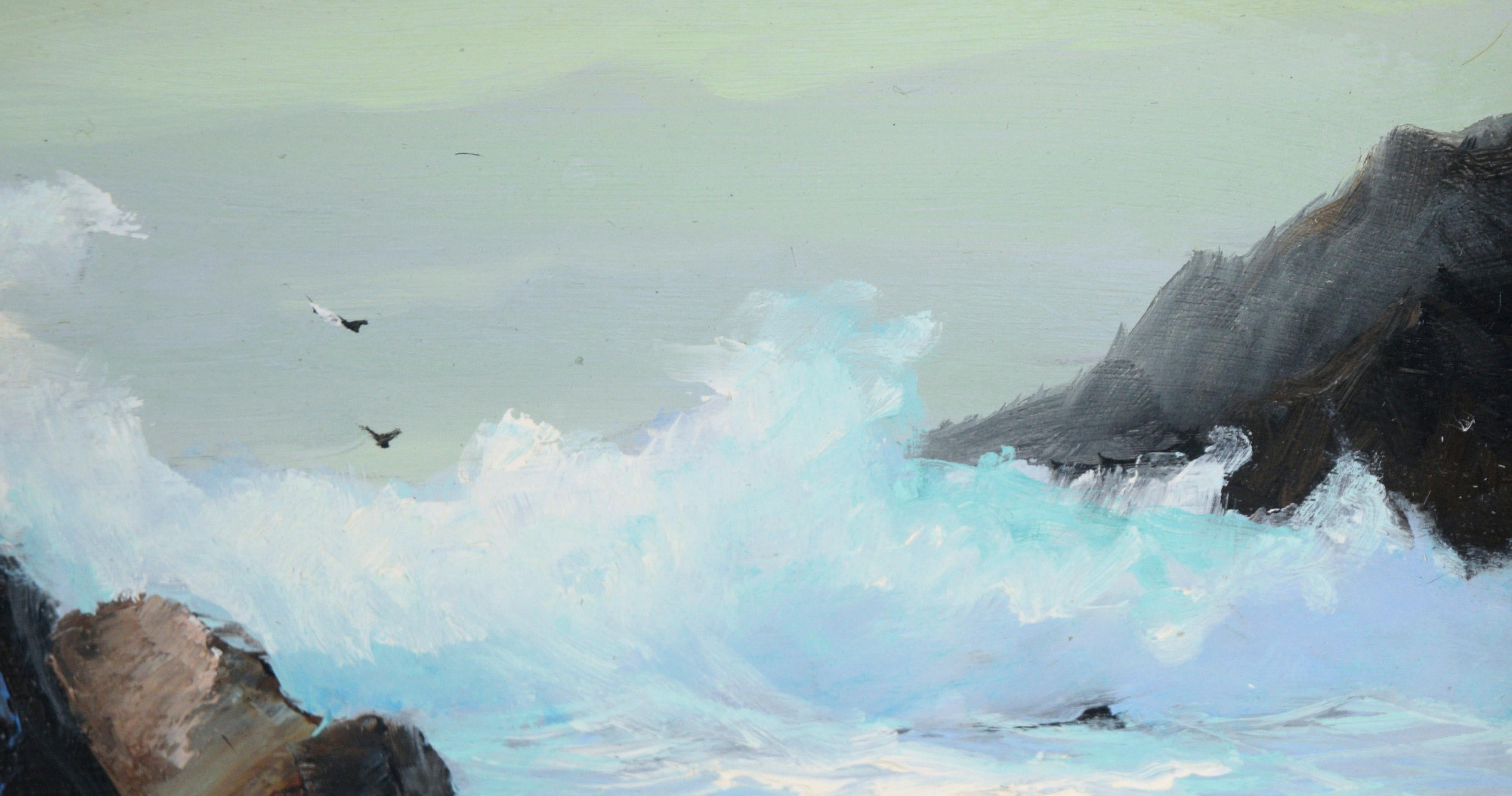 Crashing Waves - Big Sur Coastal Cove Original Oil on Masonite
Dramatic small-scale, professionally framed seascape by Stephen John Skerce (American, 1926-2010). Waves crashing into a Big Sure Cove and Seagulls gliding on the wind currents. Well