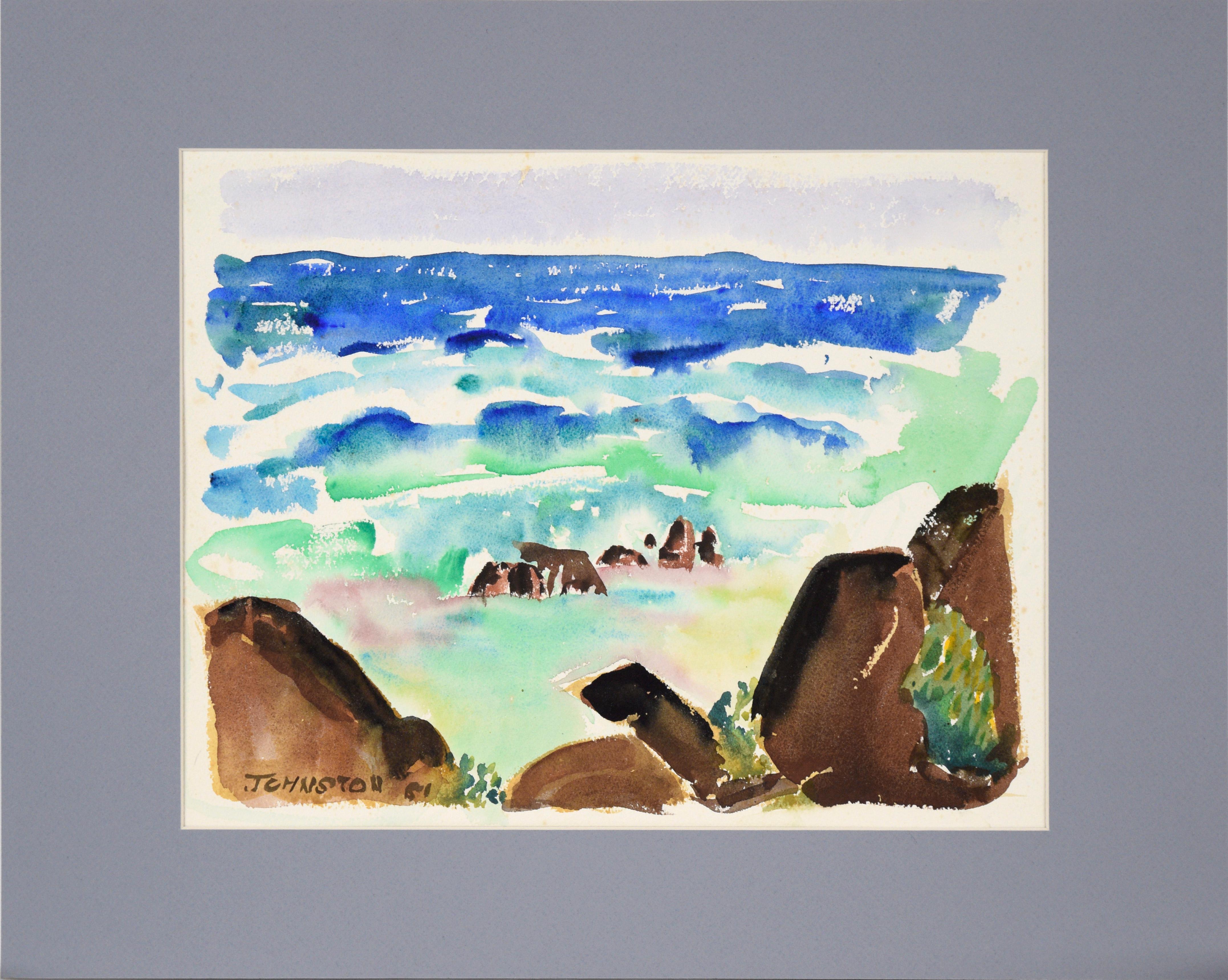 Lucile Marie Johnston Landscape Art - Modernist Rocky Californian Seascape in Watercolor on Paper