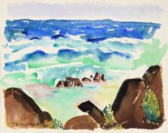 Modernist Rocky Californian Seascape in Watercolor on Paper
