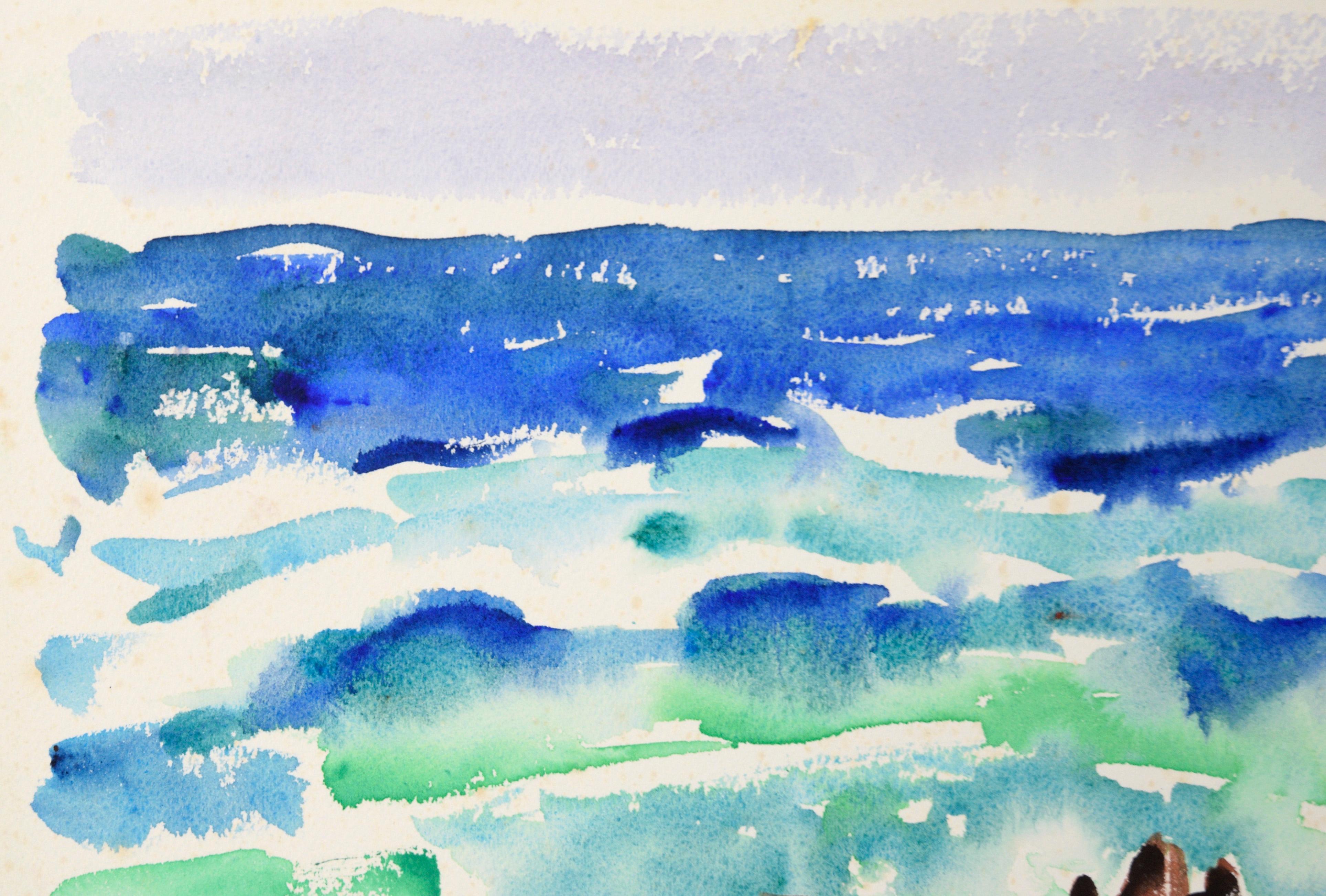 Modernistische felsige kalifornische Meereslandschaft in Aquarell auf Papier (Amerikanischer Impressionismus), Art, von Lucile Marie Johnston