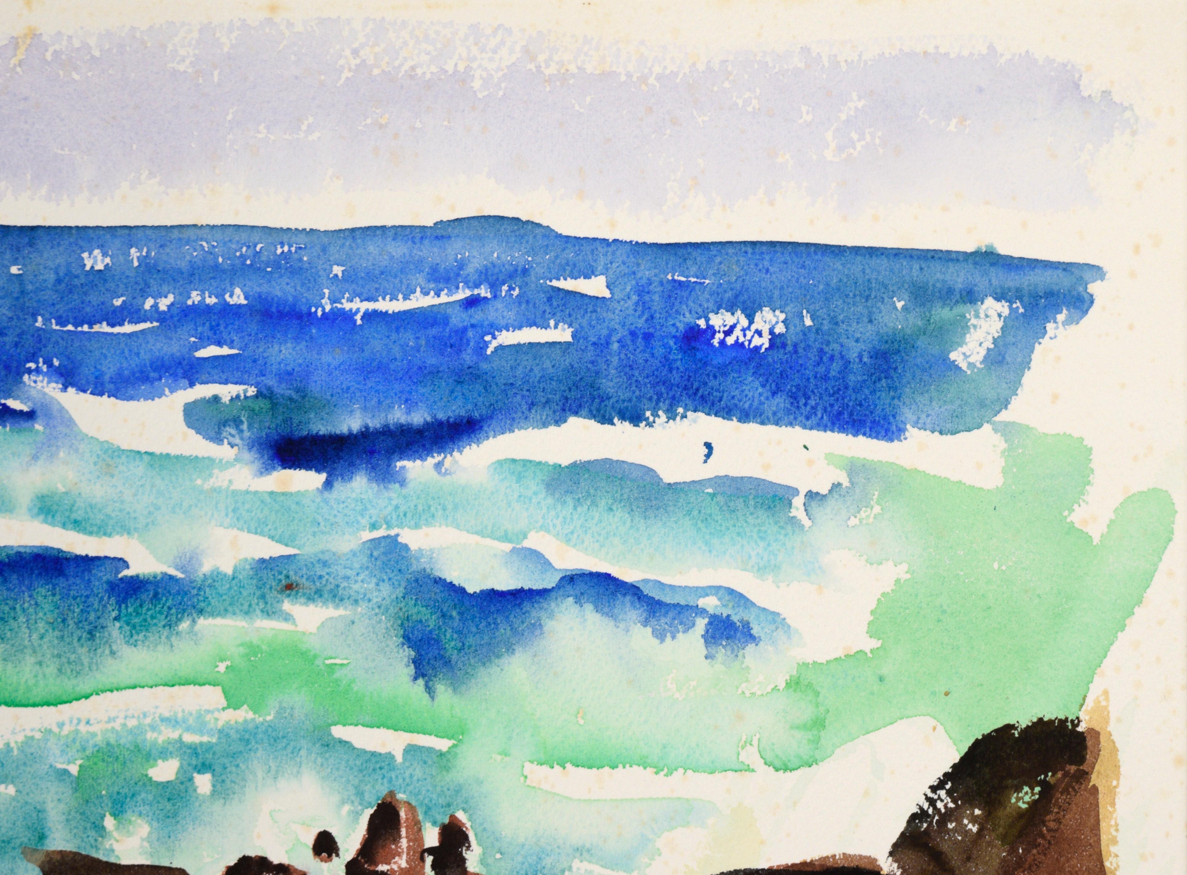 Modernistische felsige Seelandschaft in Aquarell auf Papier

Ein lebhaftes Aquarell mit Meeresmotiven der kalifornischen Künstlerin Lucile Marie Johnston (1907-1994, Amerikanerin). Die Wellen brechen zwischen einer Gruppe brauner Felsen herein. Der