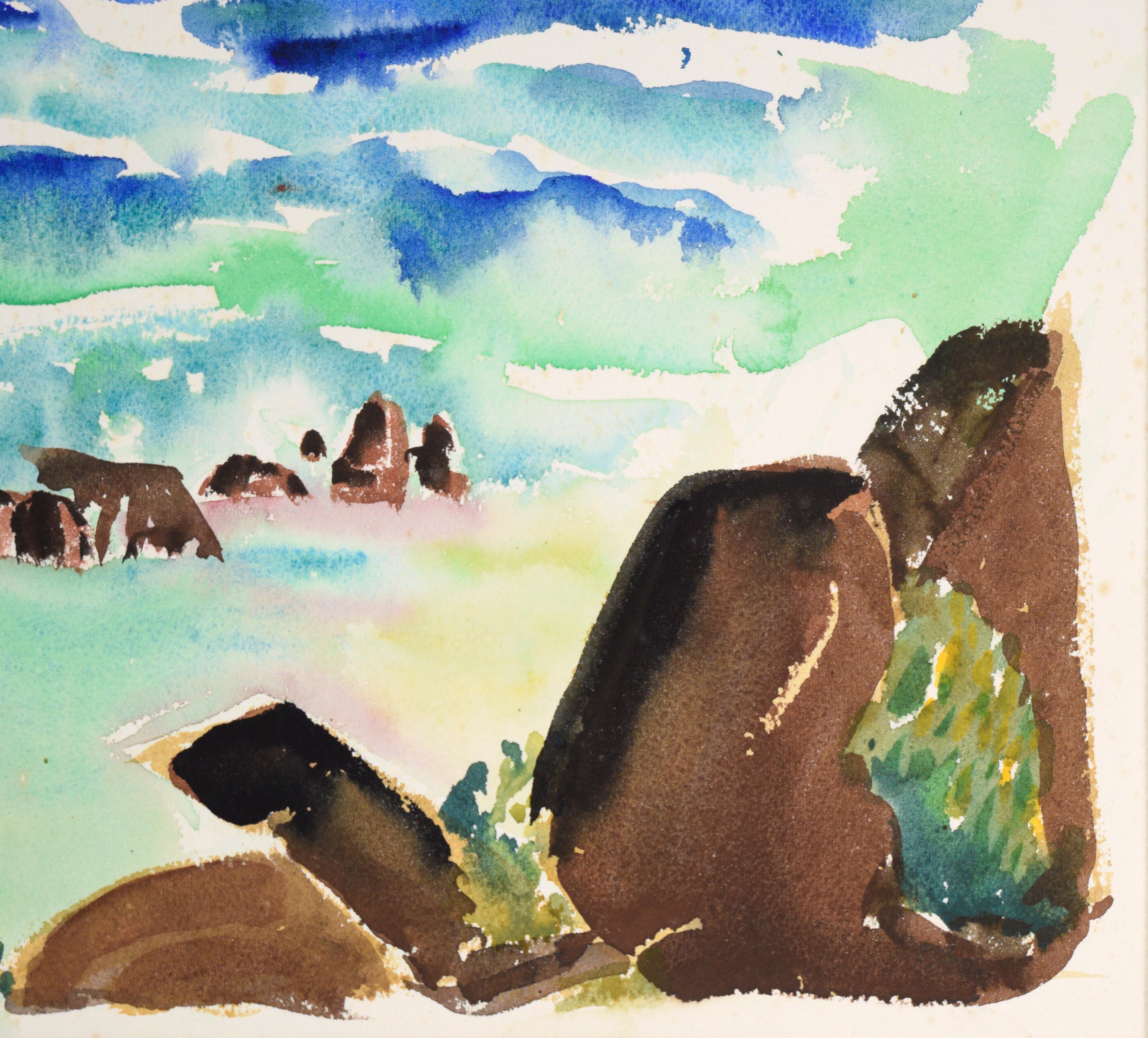 Modernist Rocky Californian Seascape in Watercolor on Paper For Sale 3