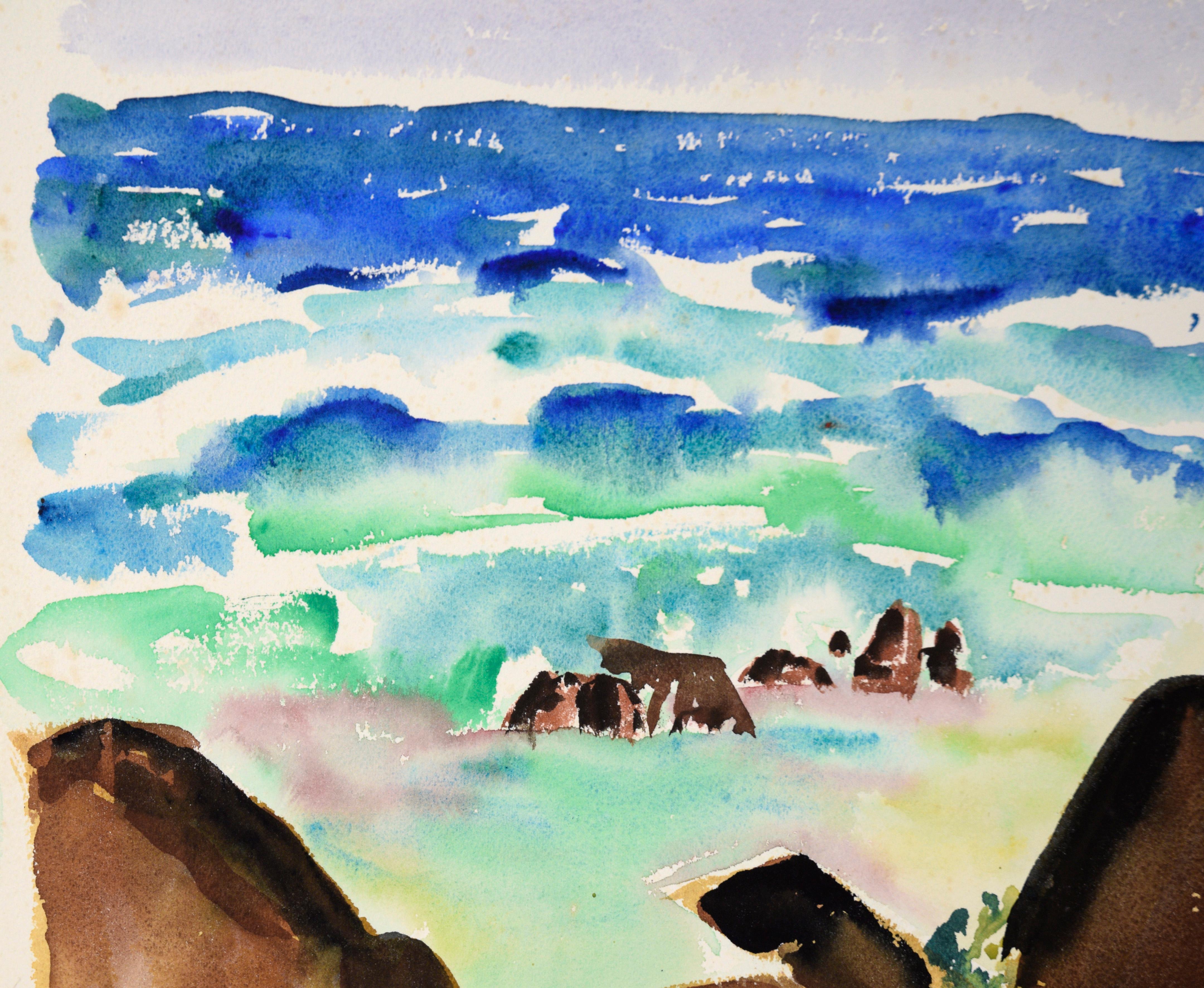 Modernist Rocky Californian Seascape in Watercolor on Paper For Sale 1
