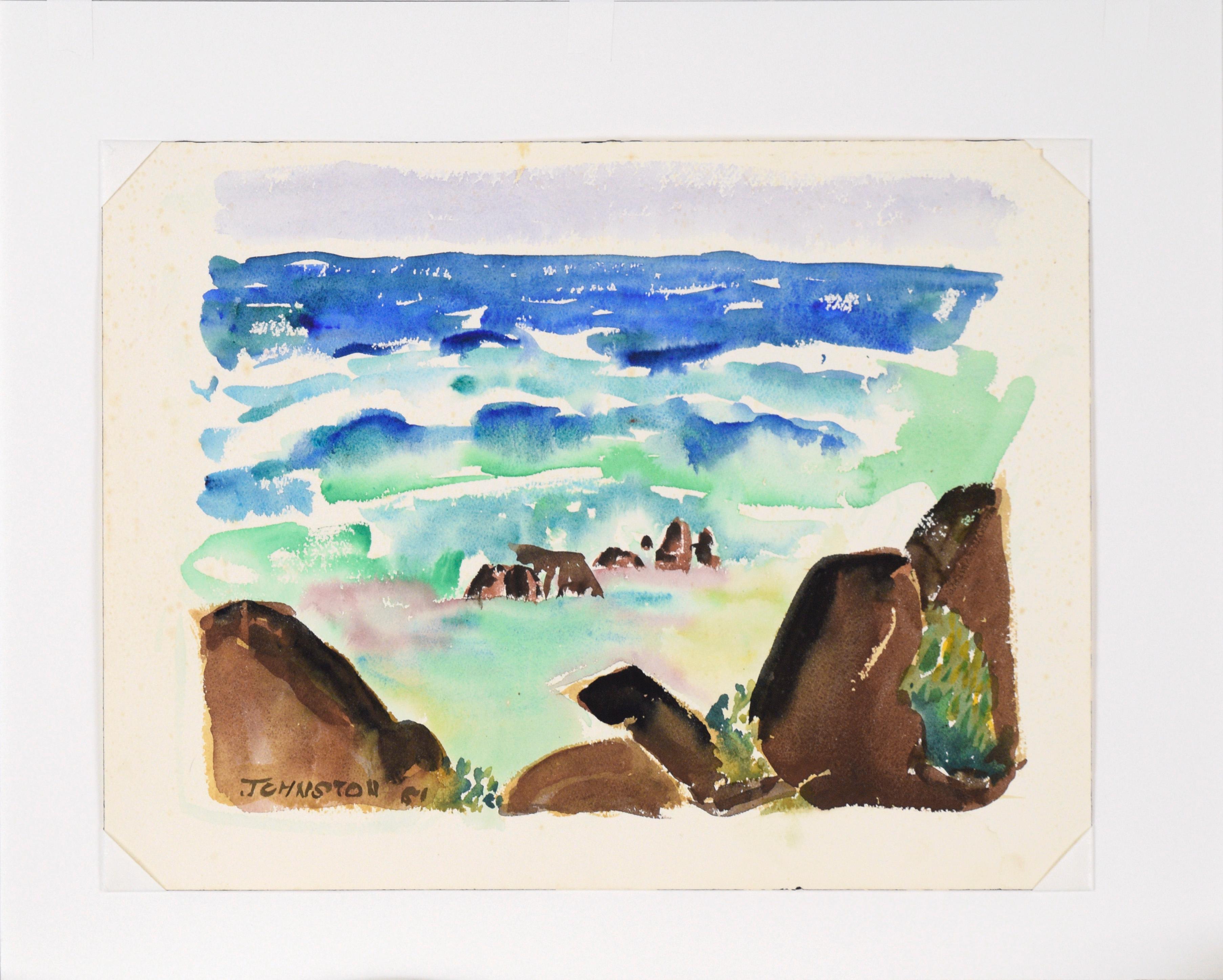 Modernist Rocky Californian Seascape in Watercolor on Paper For Sale 5