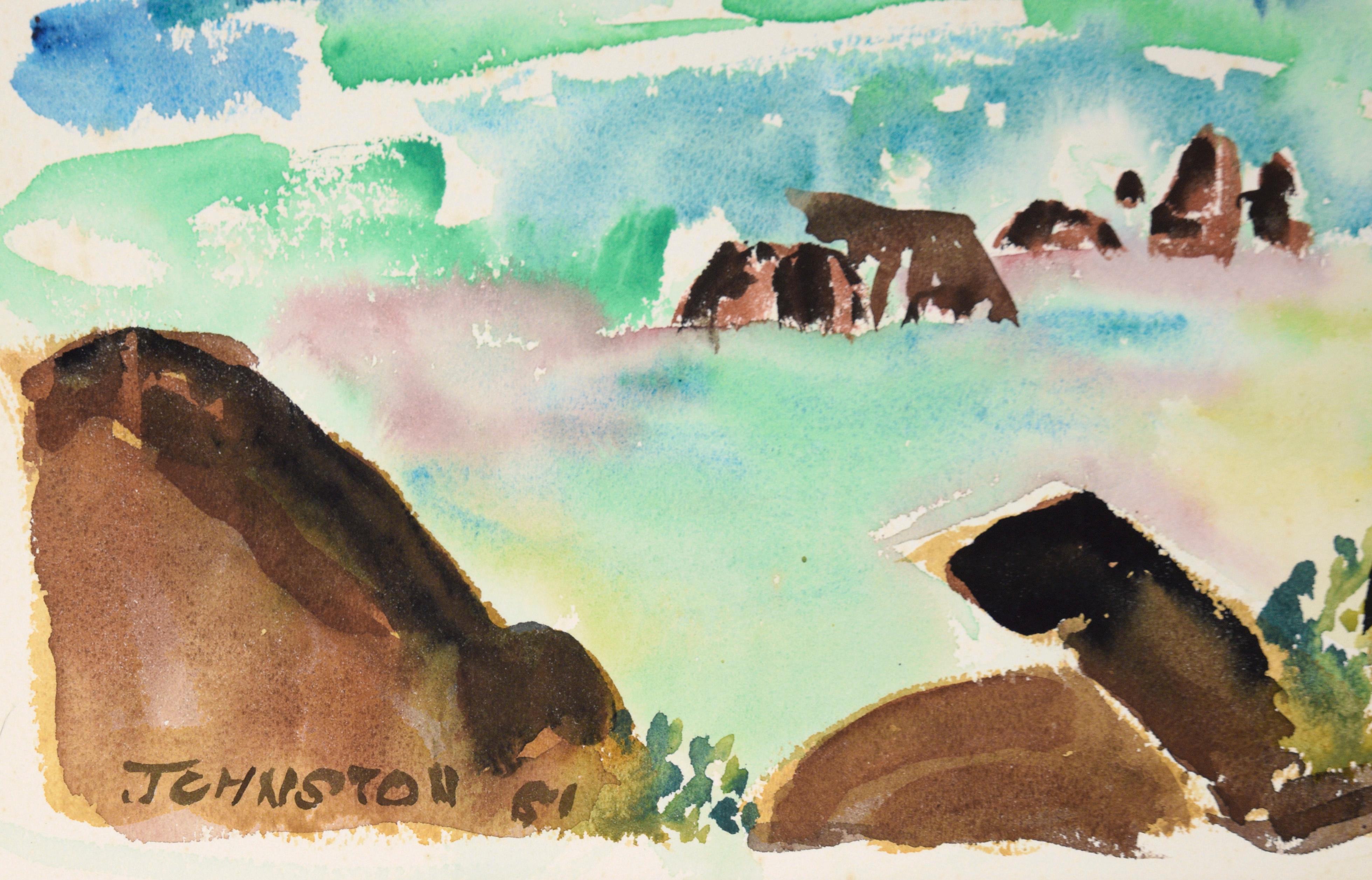 Modernist Rocky Californian Seascape in Watercolor on Paper For Sale 4