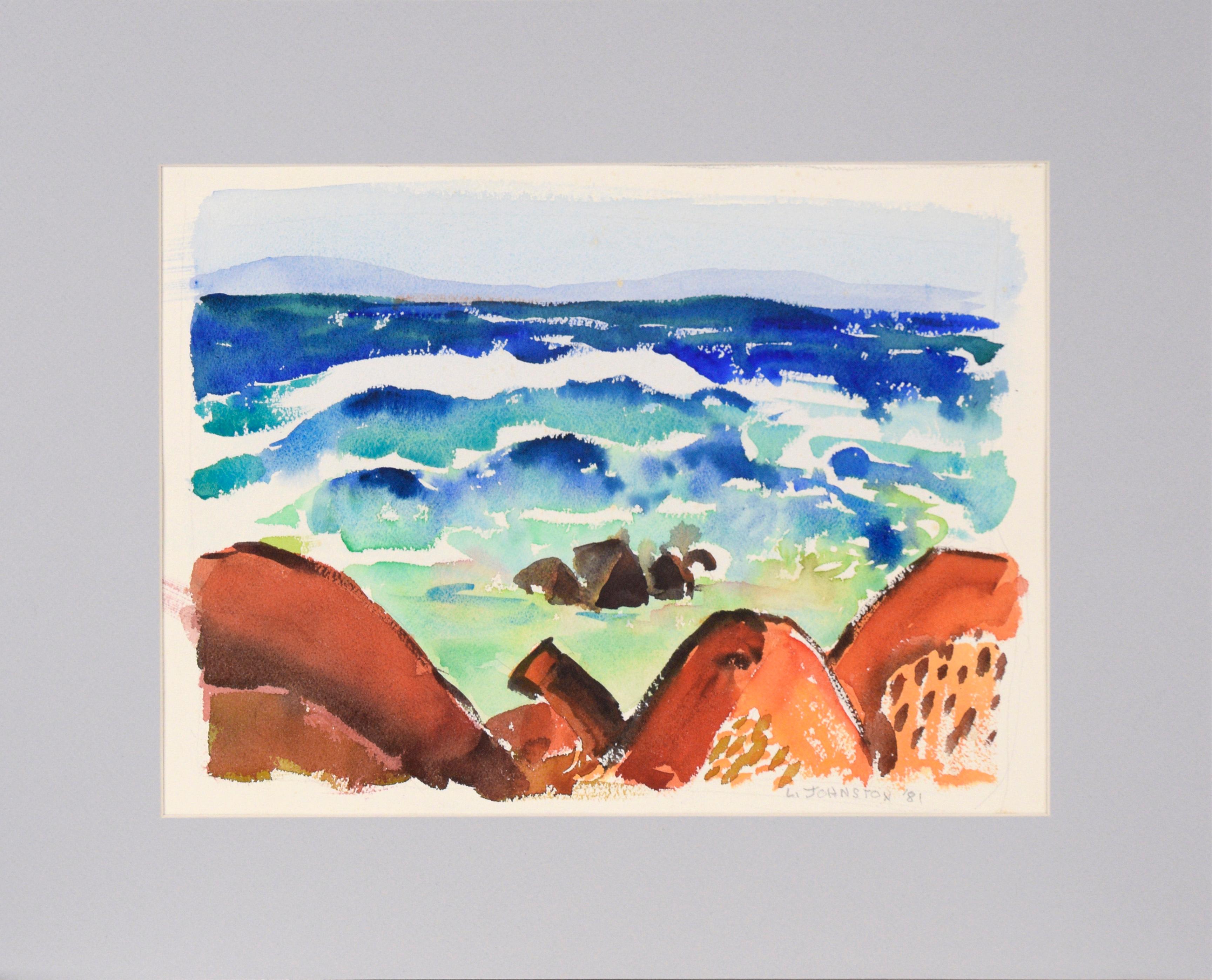 Lucile Marie Johnston Landscape Art – Kalifornische modernistische Meereslandschaft des 20. Jahrhunderts in Aquarell auf Papier