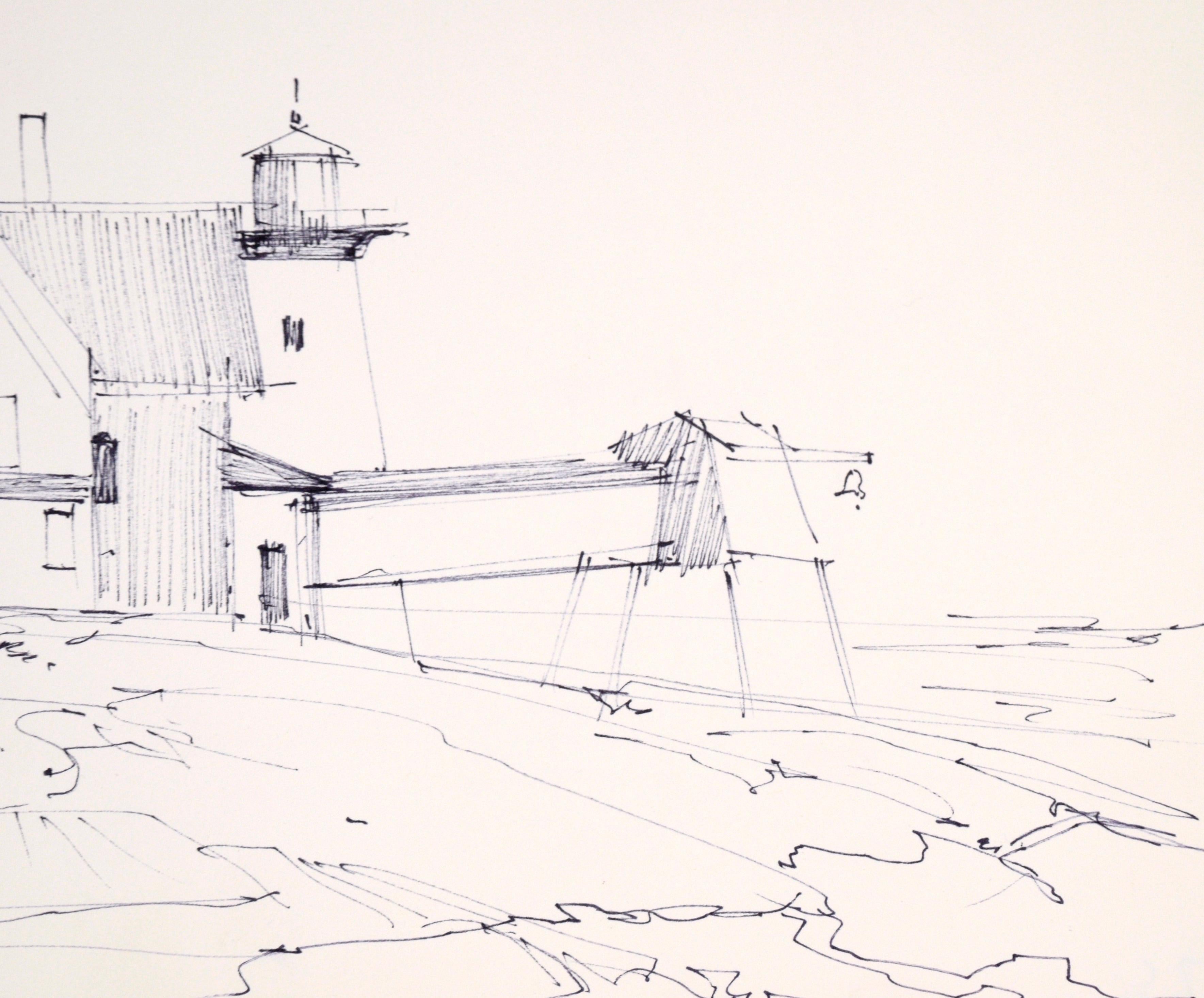 Lighthouse at the SHORE - Impressionistische Feder- und Tusche-Landschaftszeichnung im Angebot 3