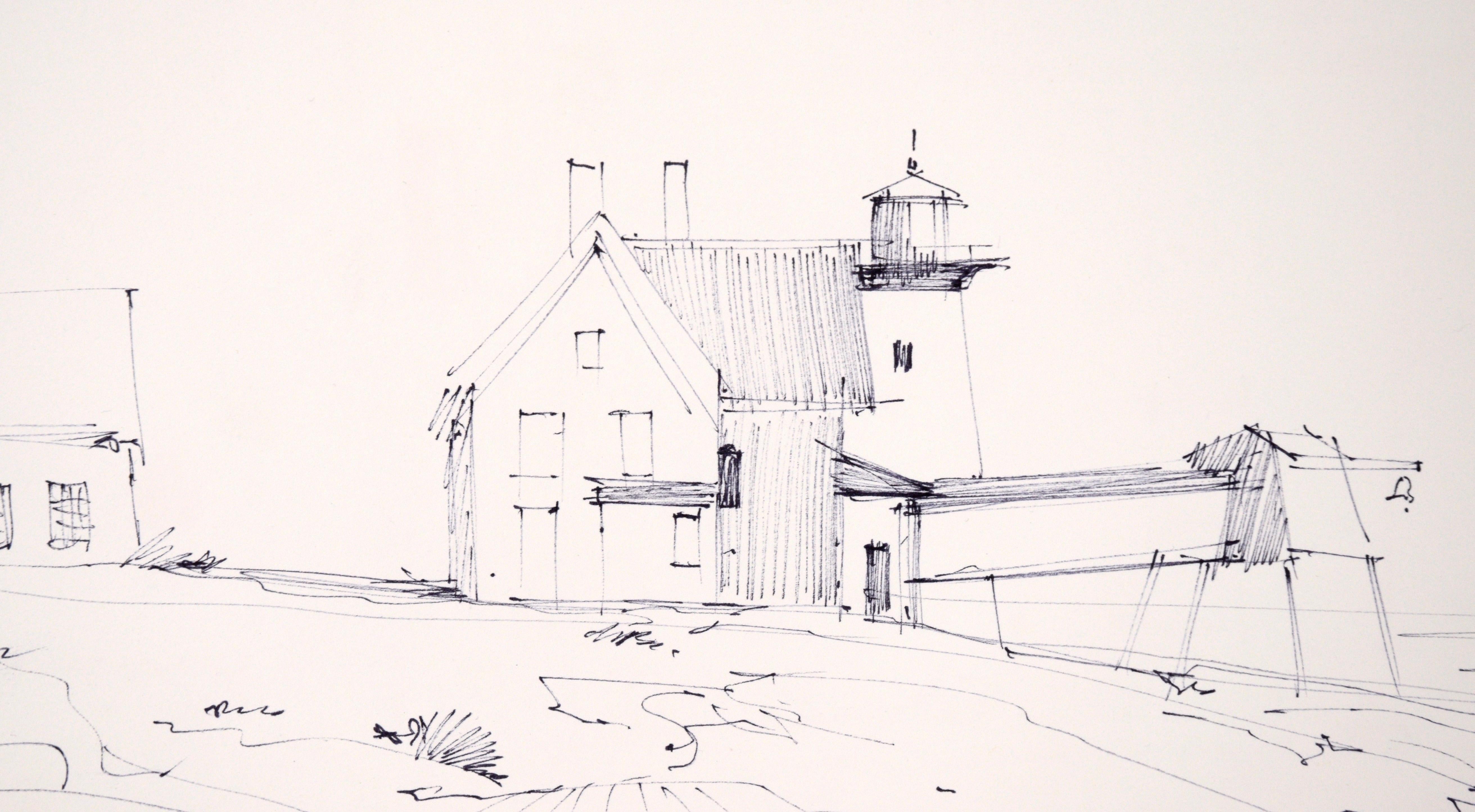 Lighthouse at the Shore — Impressionist Pen and Ink Landscape Drawing For Sale 2