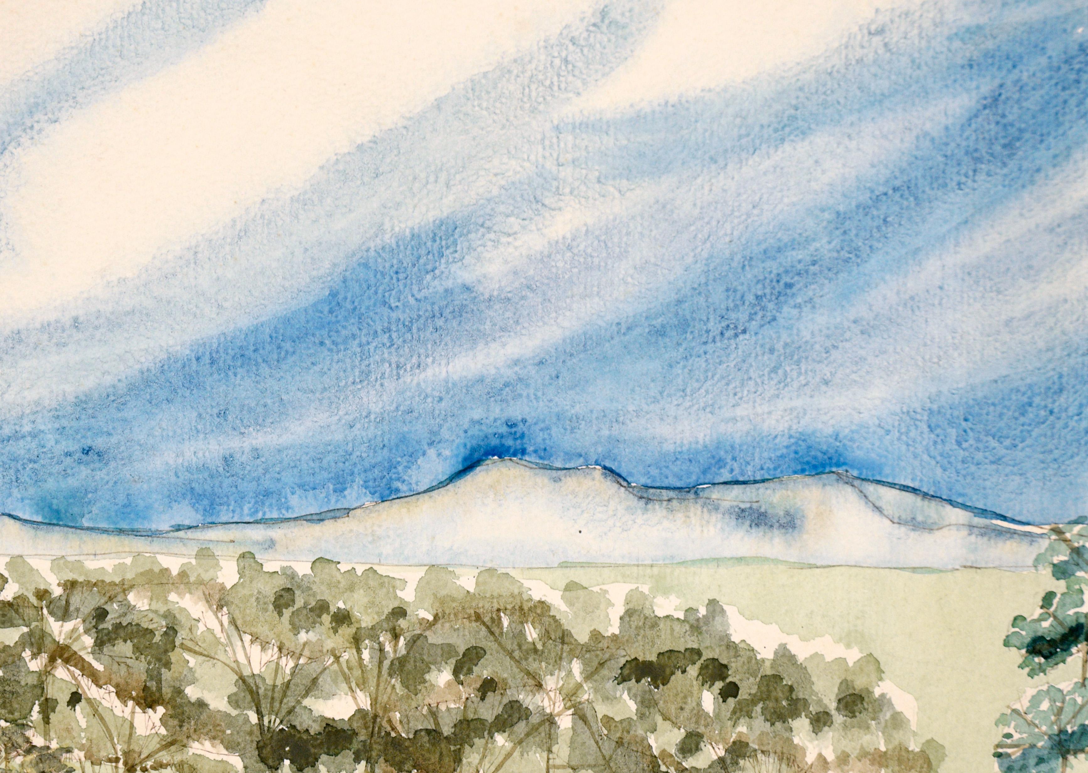 « Big Sky Country » - Paysage original à l'aquarelle sur papier

Une aquarelle de paysage fraîche et apaisante dans laquelle l'artiste utilise de longs coups de pinceau lâches pour créer de grands nuages nébuleux. Une chaîne de montagnes s'étend au