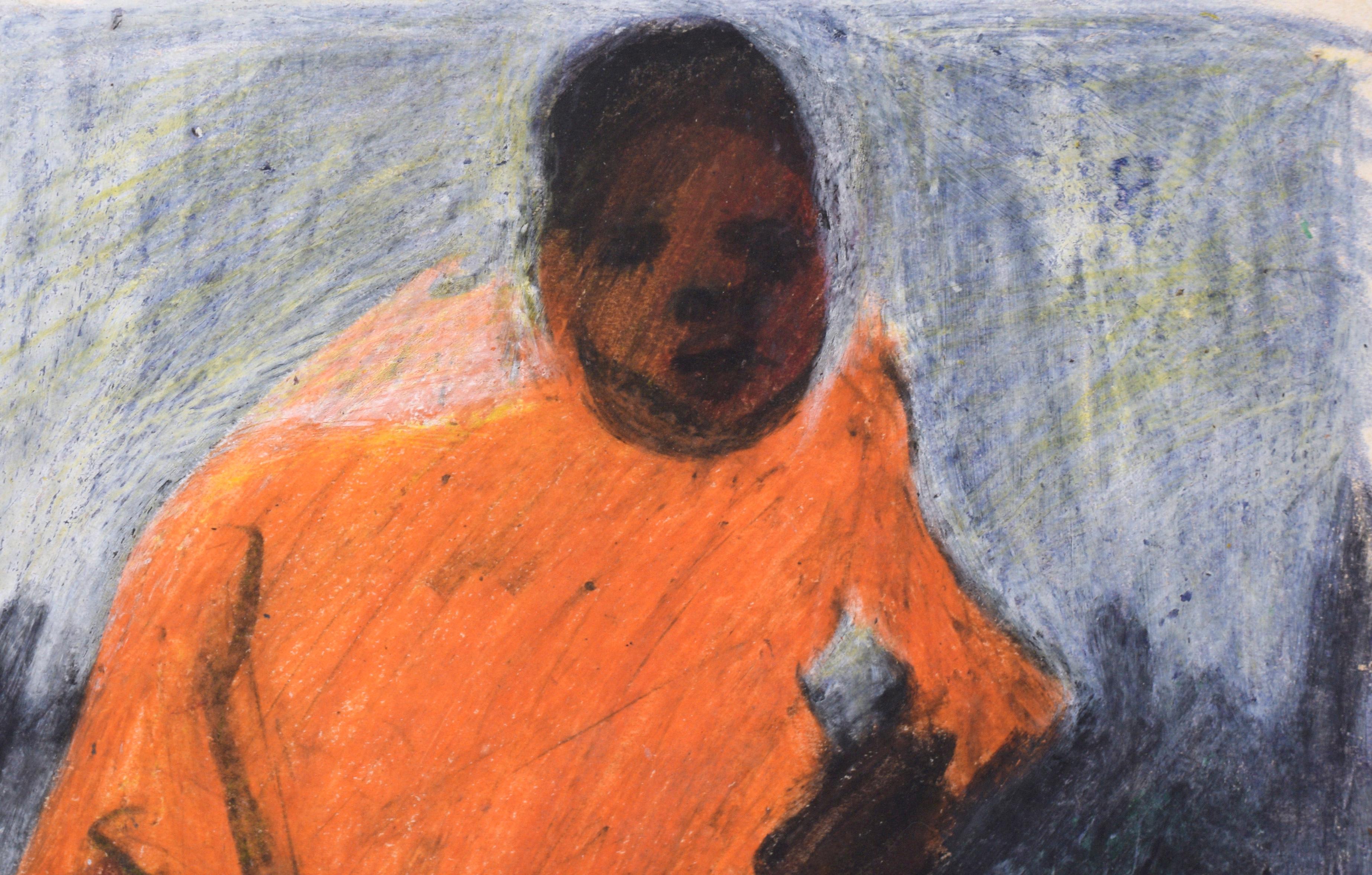 Track Star - Portrait abstrait d'un homme afro-américain au pastel sur papier

Dessin au pastel audacieux et imaginatif d'un homme en survêtement par un artiste inconnu (20e siècle). Un homme afro-américain se tient sur une piste de course, vêtu