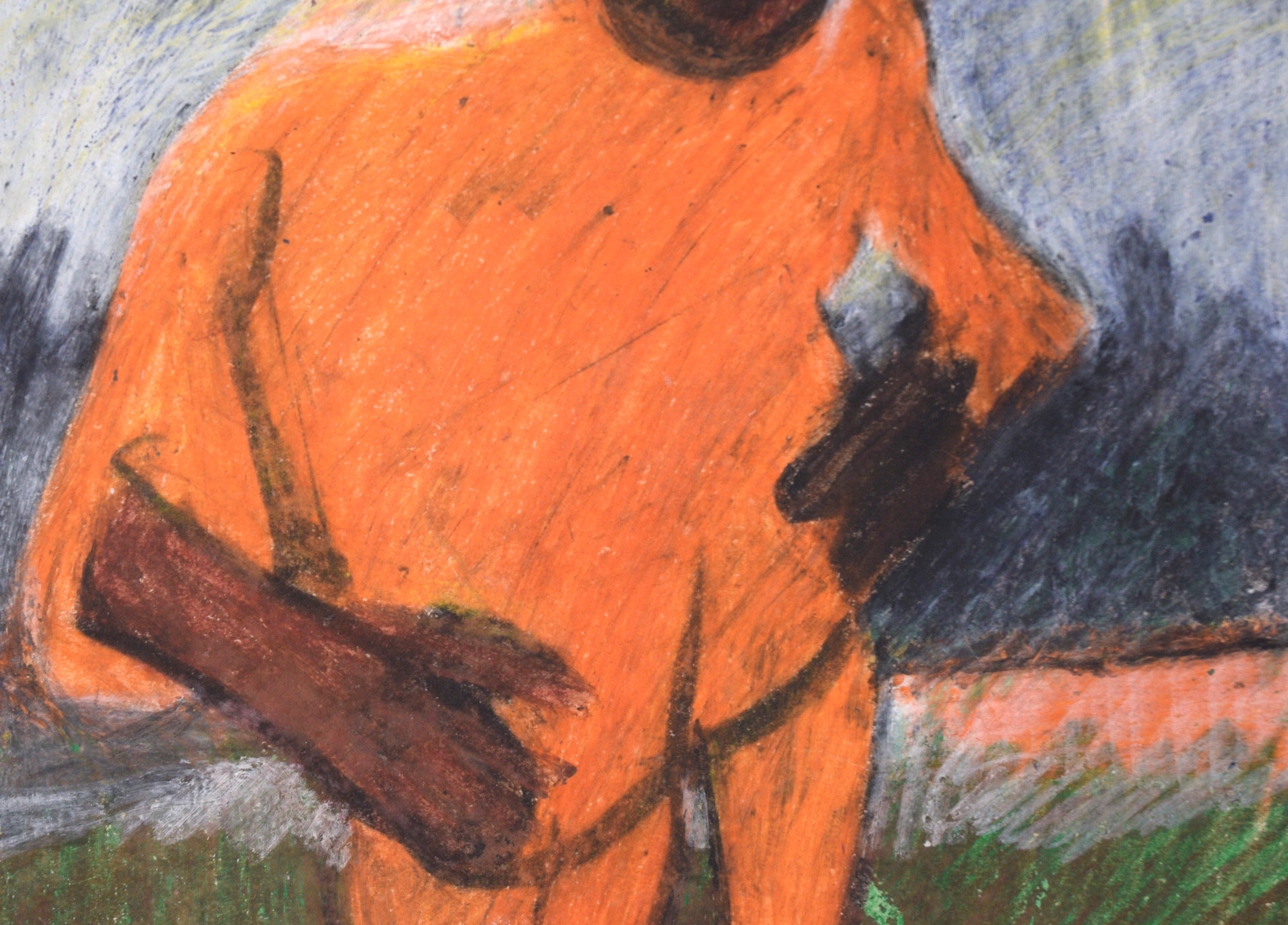 Track Star - Abstrahiertes Porträt eines afroamerikanischen Mannes in Pastell auf Papier

Kräftige und phantasievolle Pastellzeichnung eines Mannes im Trainingsanzug von einem unbekannten Künstler (20. Jahrhundert). Ein afroamerikanischer Mann steht