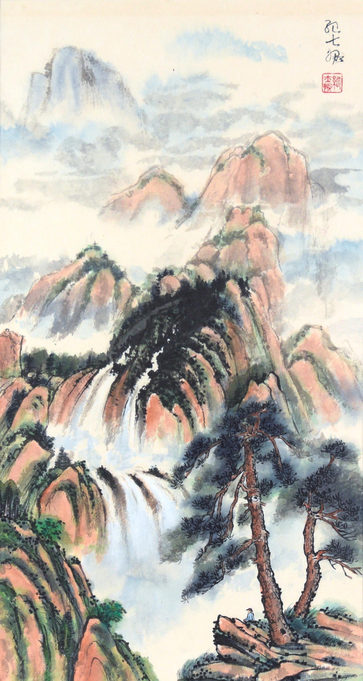 Vertikale chinesische Frühlings-Regenbogen-Landschaft mit Wasserfällen und Bergen – Art von Unknown