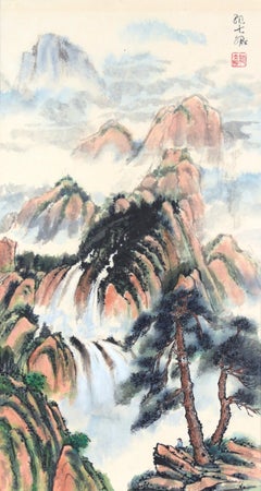 Spring Rain - Vertical Chinese Landscape with Waterfalls and Mountains