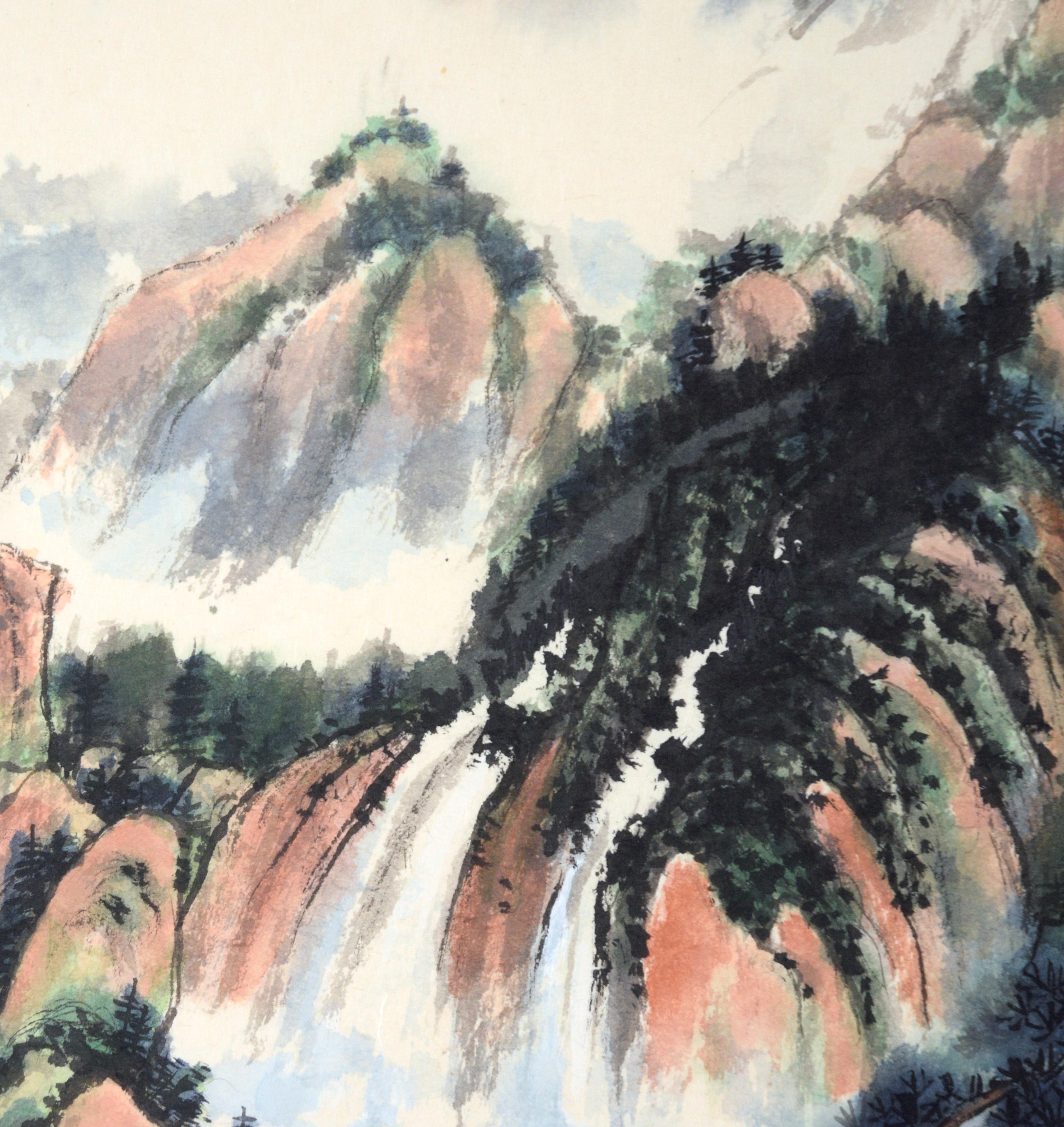Vertikale chinesische Frühlings-Regenbogen-Landschaft mit Wasserfällen und Bergen im Angebot 1