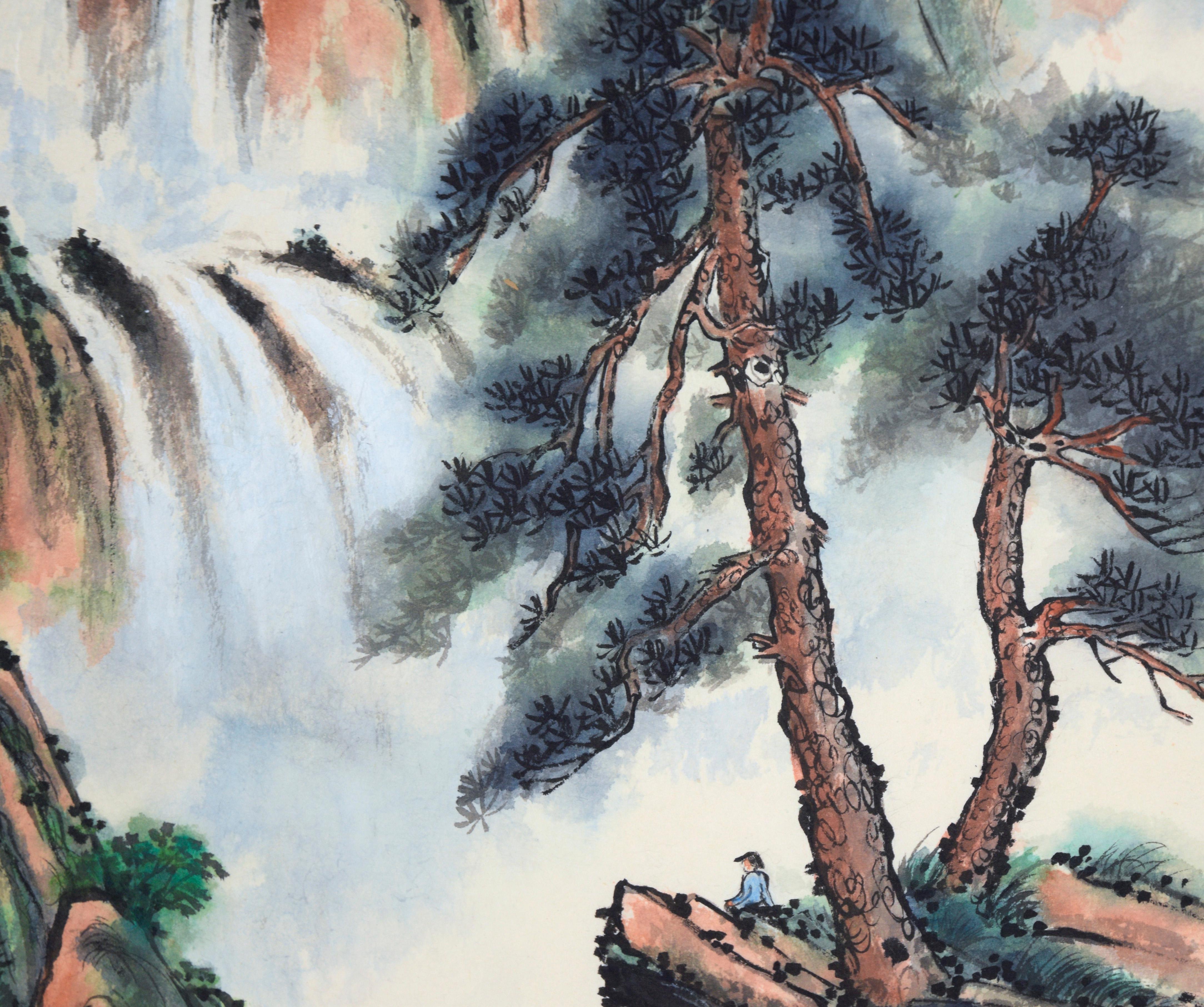 Vertikale chinesische Frühlings-Regenbogen-Landschaft mit Wasserfällen und Bergen im Angebot 4