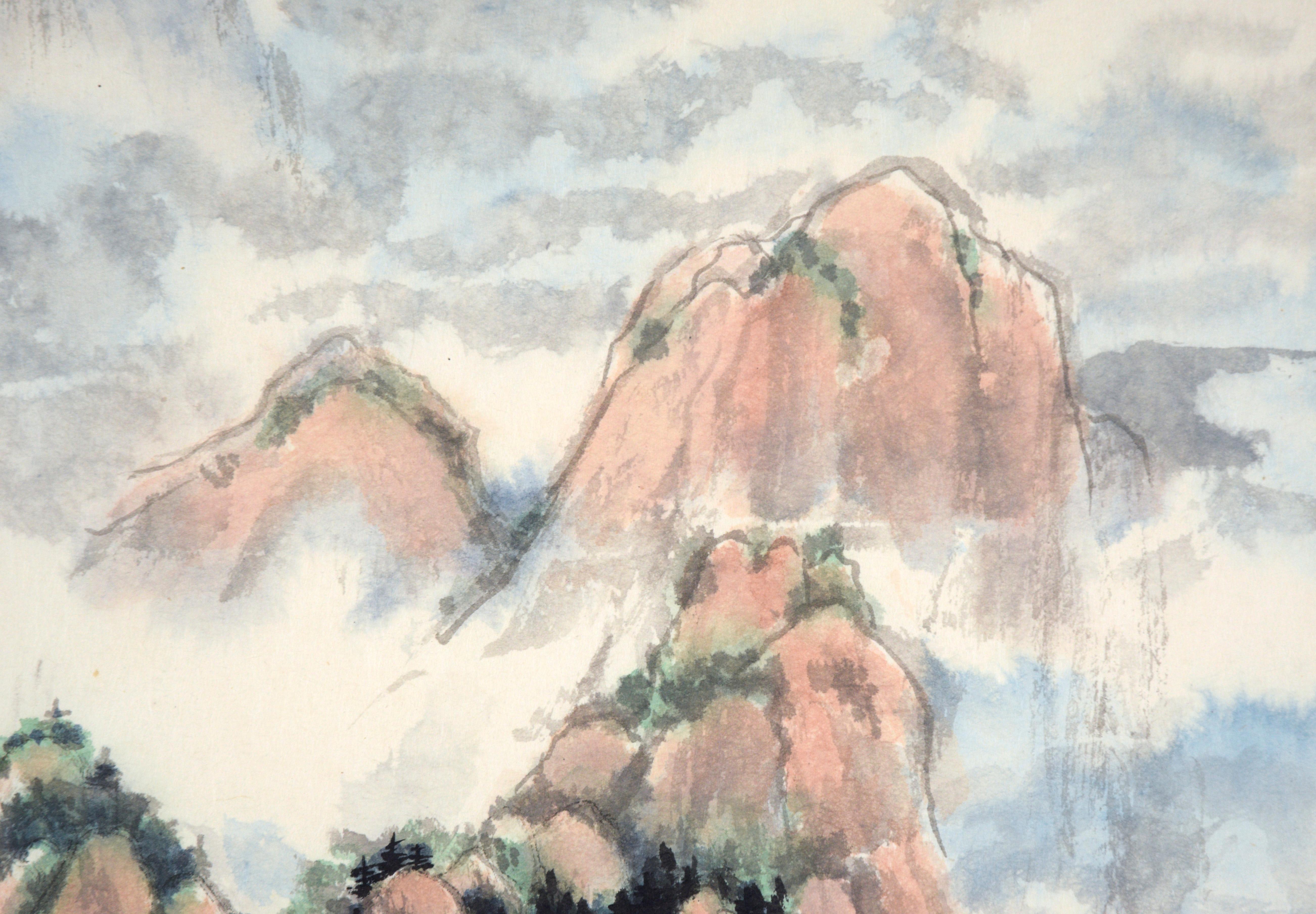 Spring Rain - Vertical Chinese Landscape with Waterfalls and Mountains

Idyllic landscape with a massive waterfall by an unknown artist (20th Century). The scene depicted is a series of mountains, receding into the distance. In the mid ground, there