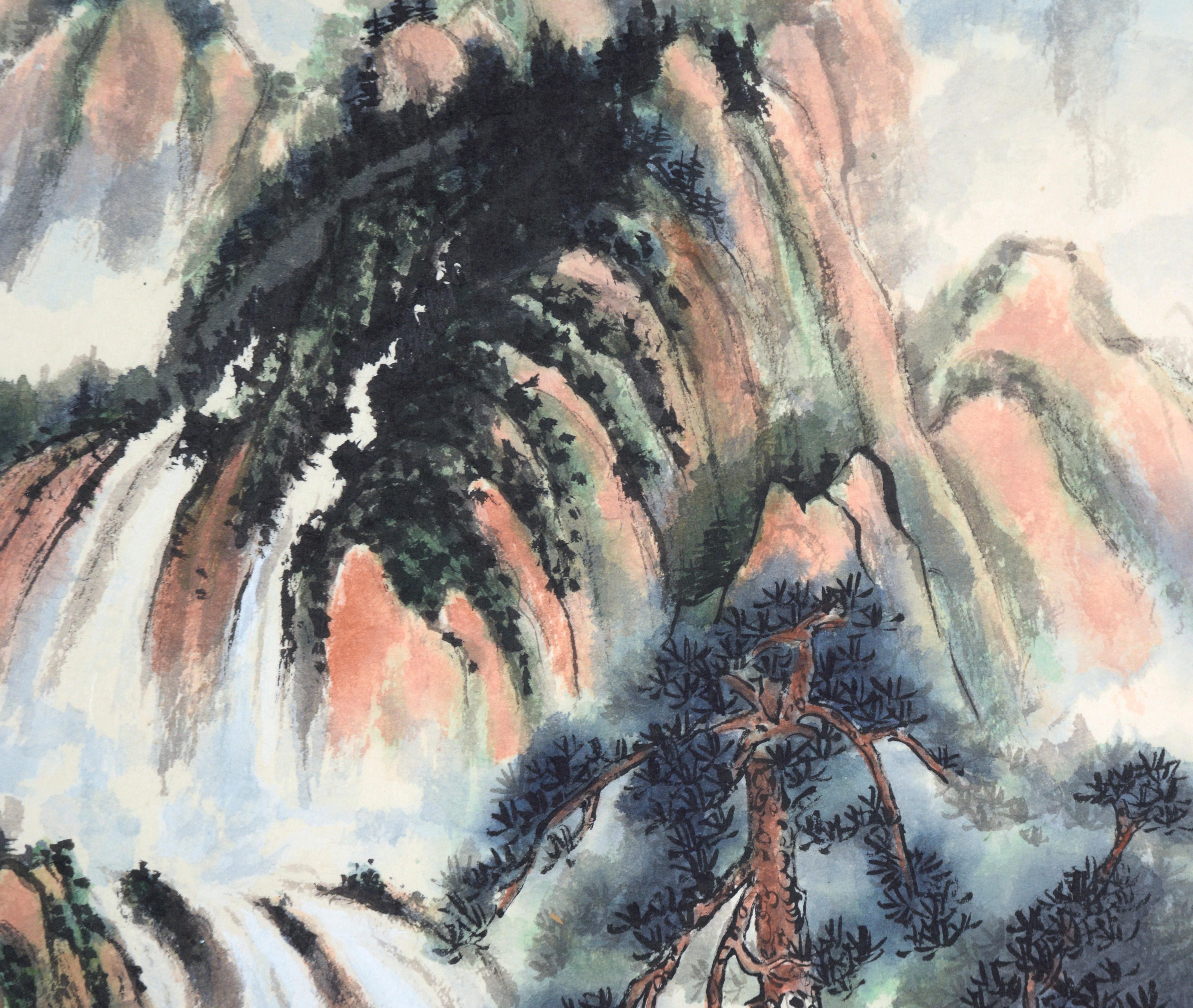 Spring Rain - Vertical Chinese Landscape with Waterfalls and Mountains For Sale 2
