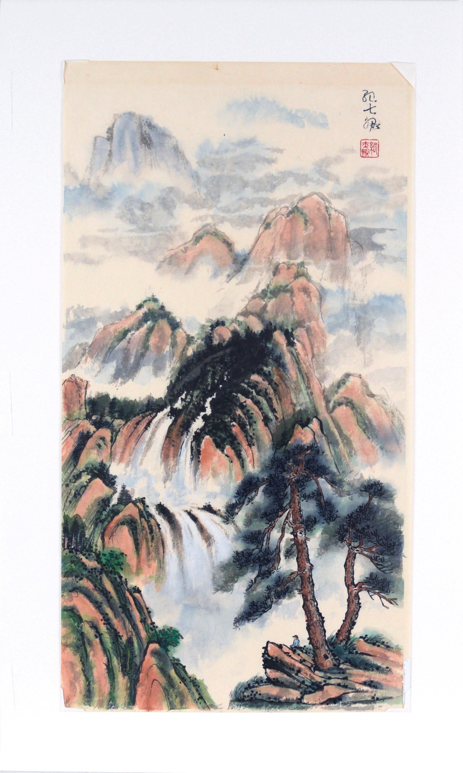 Vertikale chinesische Frühlings-Regenbogen-Landschaft mit Wasserfällen und Bergen im Angebot 7