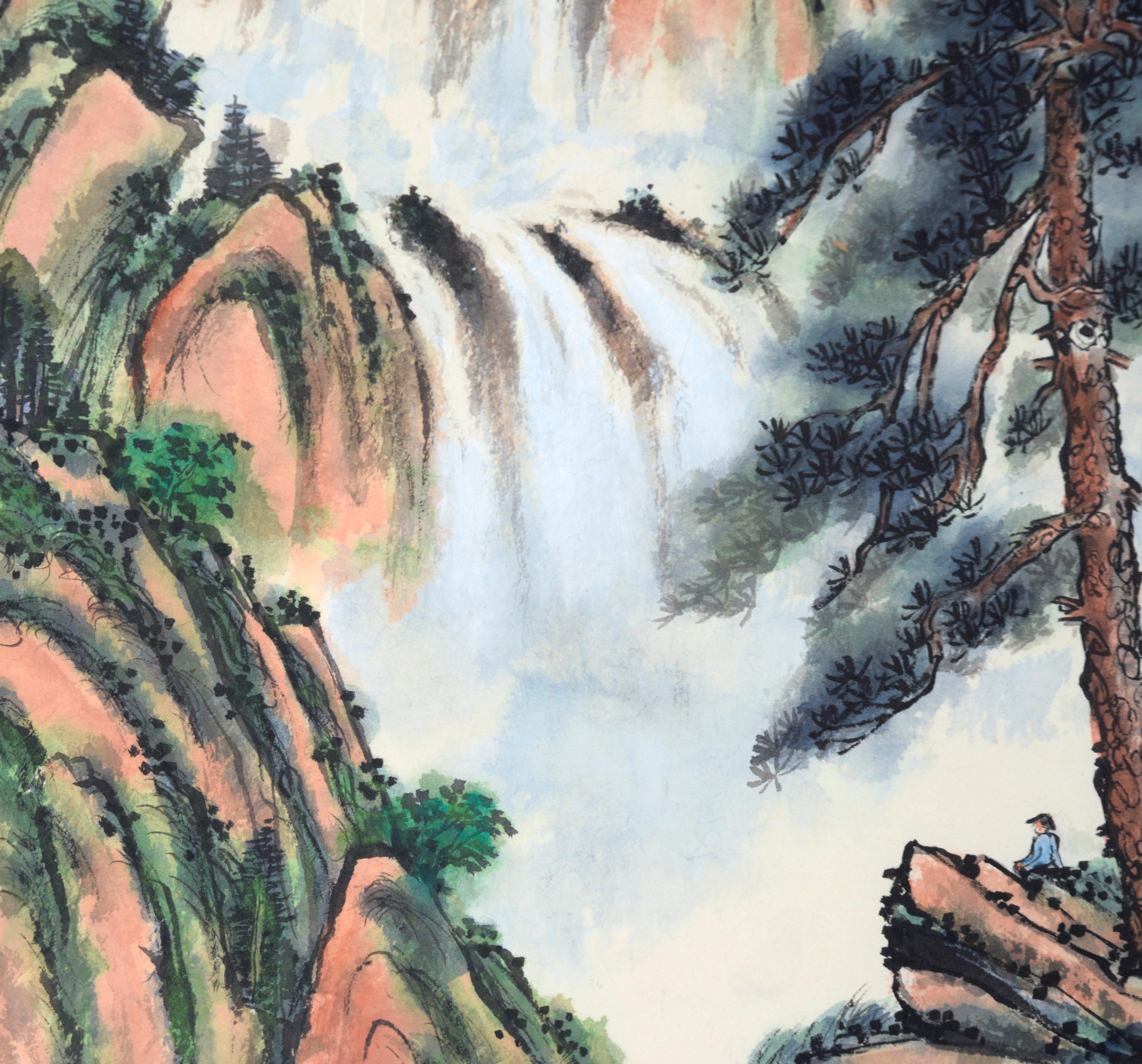 Vertikale chinesische Frühlings-Regenbogen-Landschaft mit Wasserfällen und Bergen im Angebot 3